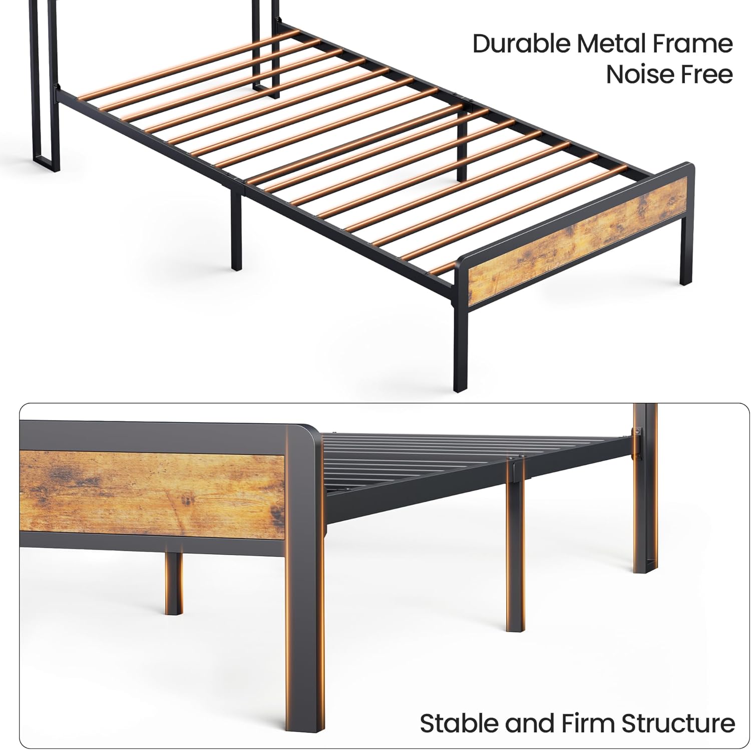 Close-up of durable metal frame and wooden slats