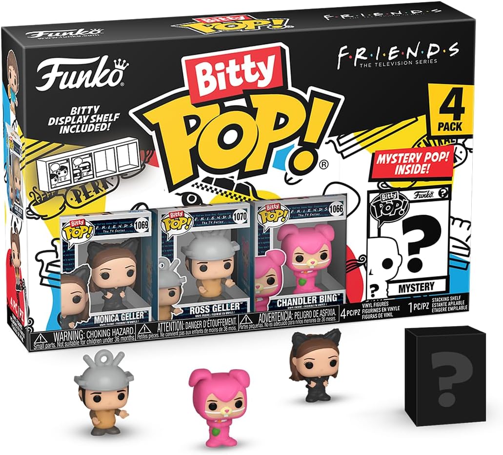 Bitty POP! Friends - Monica As Catwoman, 4-Pack and A Surprise Mystery Mini Figure - 0.9 Inch (2.2 Cm) Collectable - Stackable Display Shelf Included - Gift Idea - Party Bags Stocking