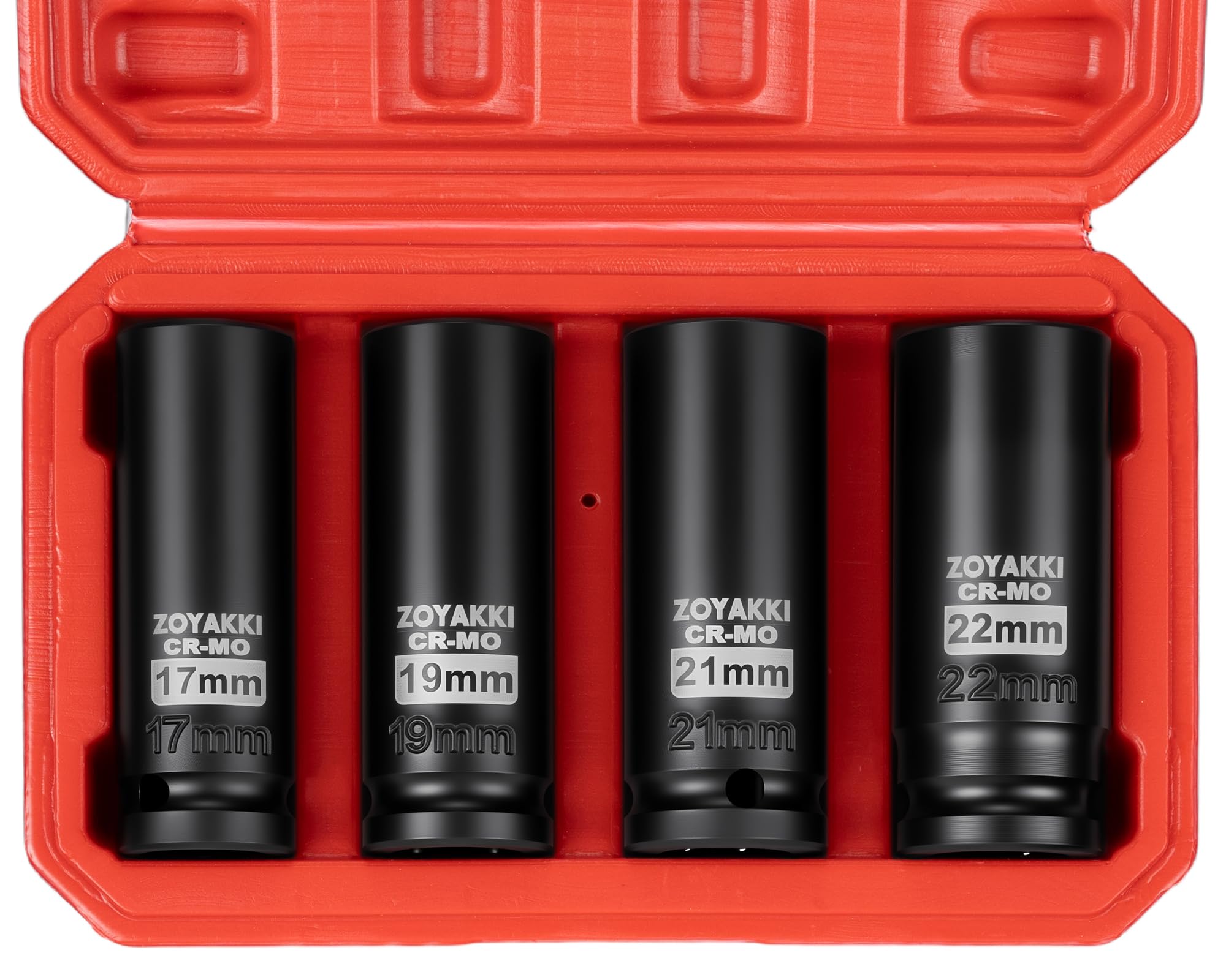 ZOYAKKI 4-Piece 1/2 Inch Drive Impact Socket Set,CR-MO Steel 6-Point Deep Socket,Metric 17-19-21-22mm Hexagon Deep Socket Set with Storage Box for