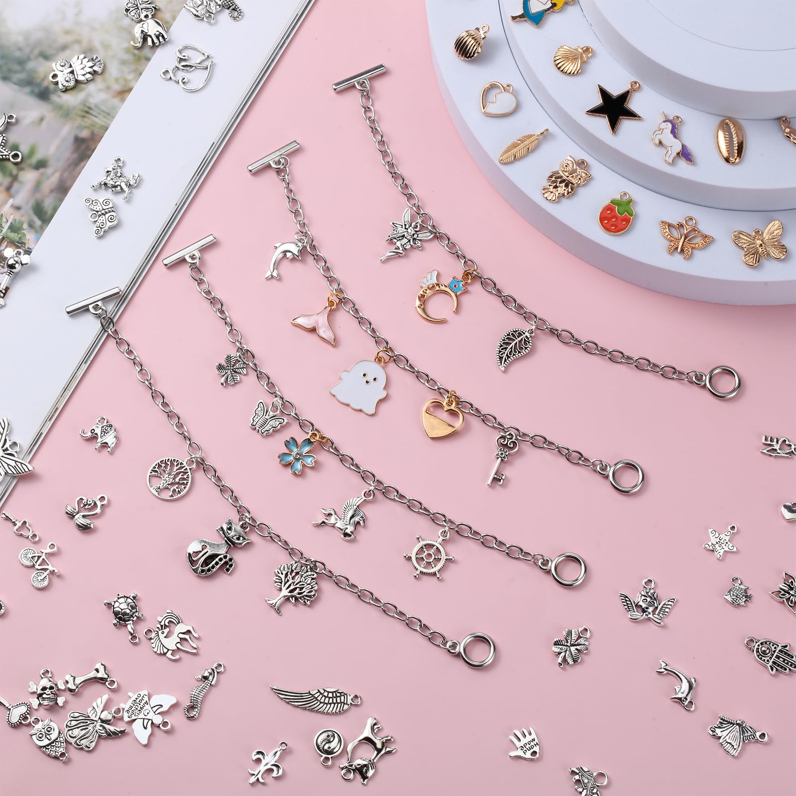 Riceshoot 321 Pcs Charm Bracelet Making Kit Bracelet Chains with OT Toggle Clasp Gold Enamel Pendants Mixed Tibetan Silver Plastic Storage Box and Open Jump Rings for Women DIY Jewelry Making - Image 4