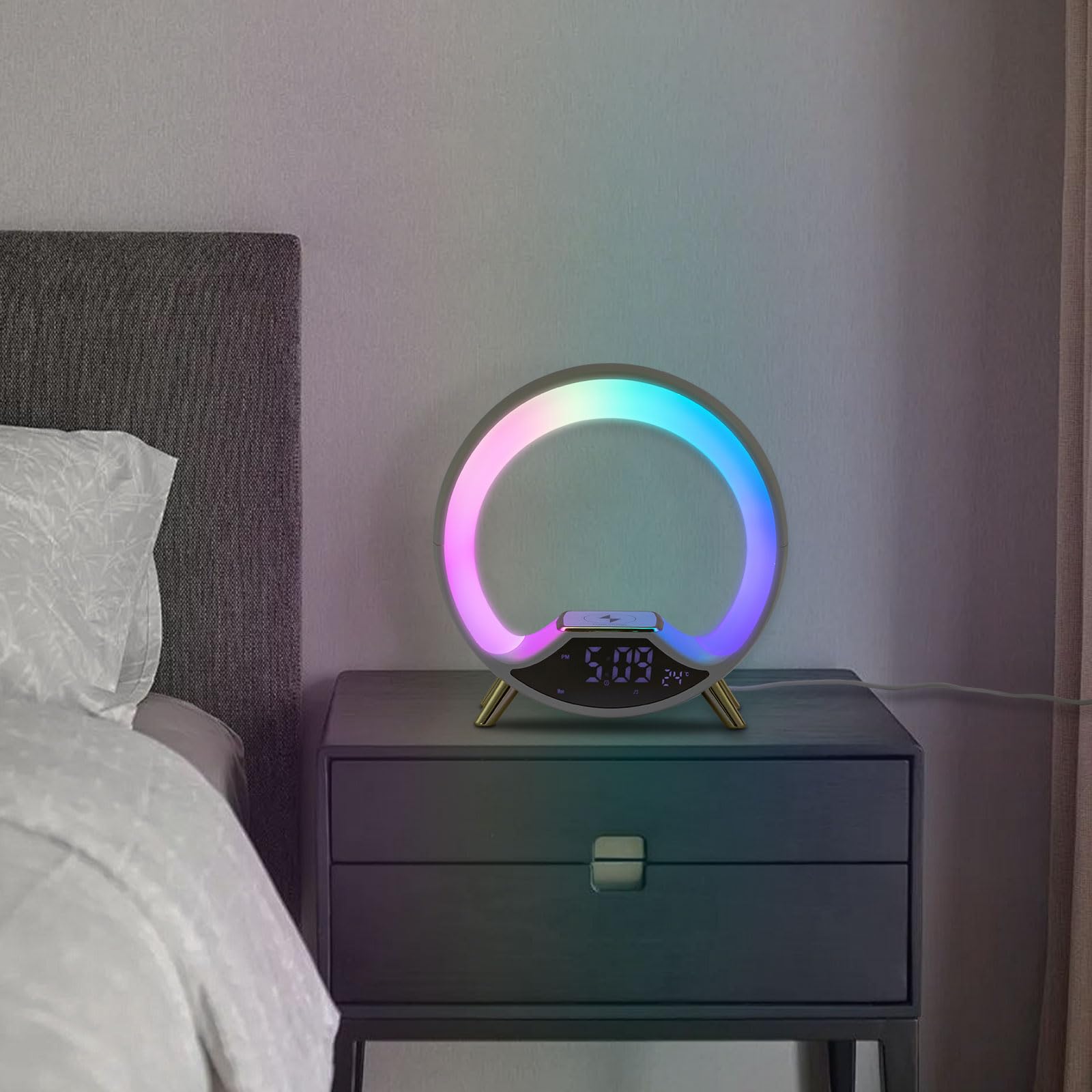 Lampada da comodino USB, dimmerabile, con funzione di ricarica rapida wireless e timer, cambia colore, luce notturna da tavolo per camera da letto (bianco)
