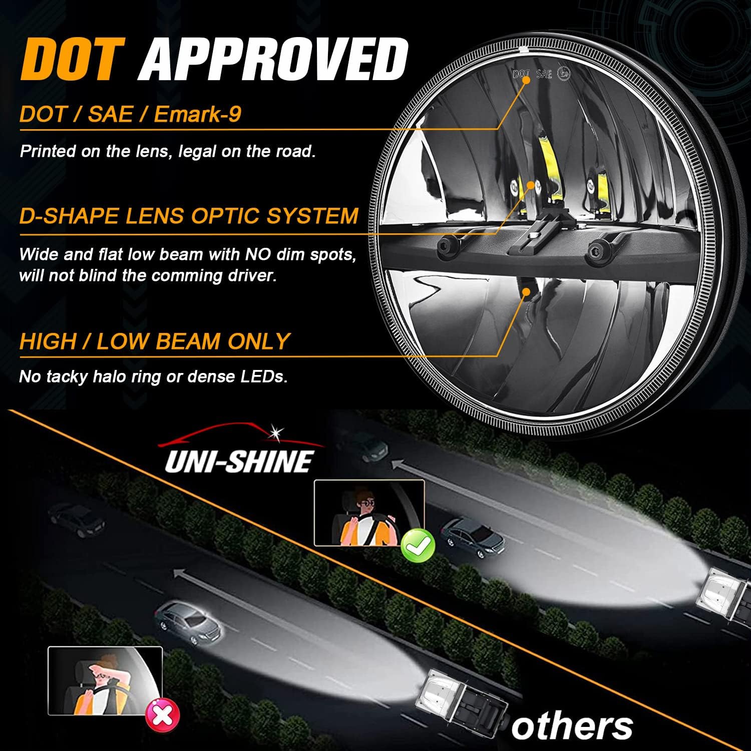 Diagram showing DOT approval, D-shape lens optic system, and high/low beam patterns.