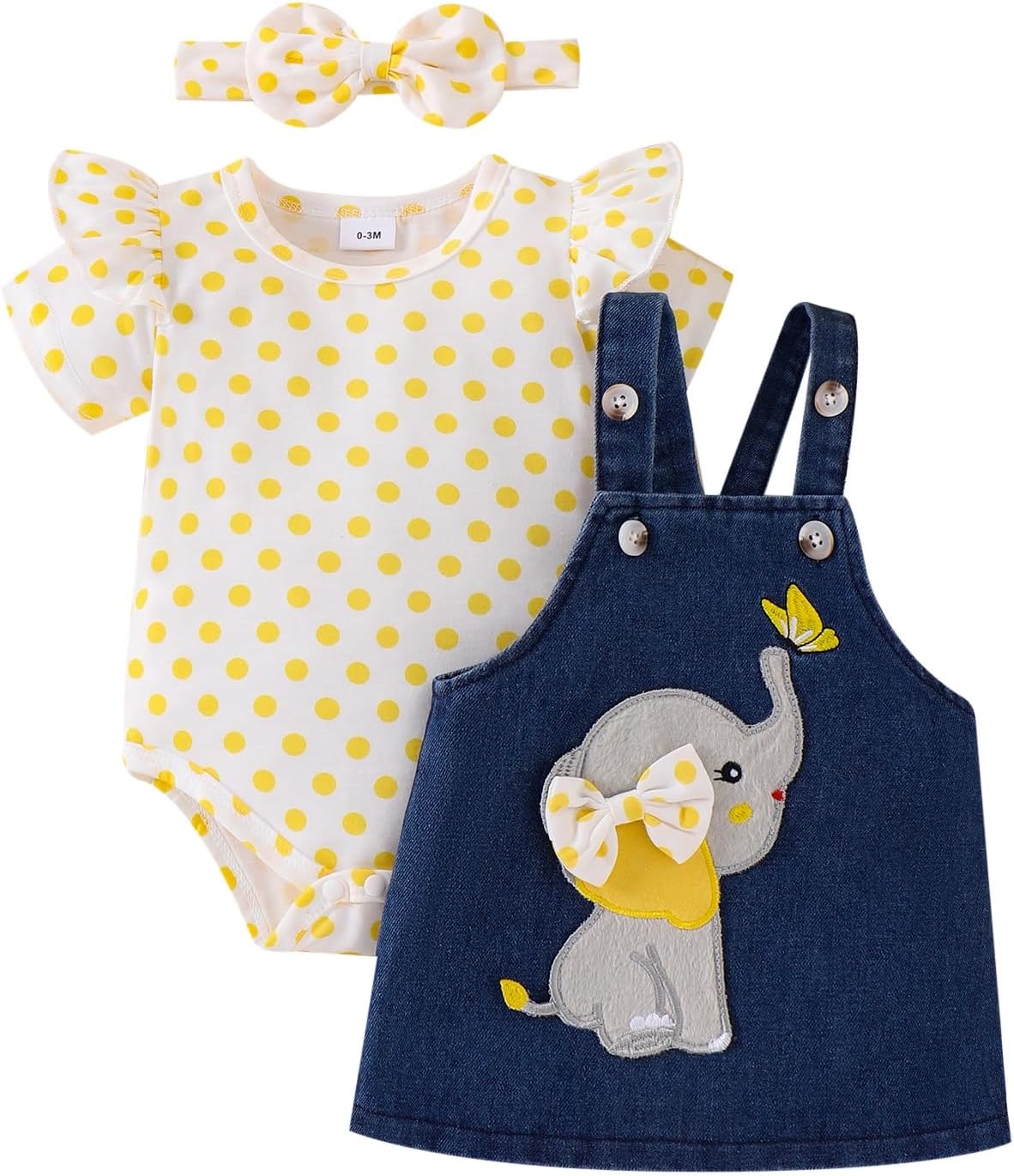 ODIMAME Baby Girl Clothes Suspender Skirt Newborn Ruffled Romper + Elephant Jeans Dress + Headband Summer Outfits 0-18 Months