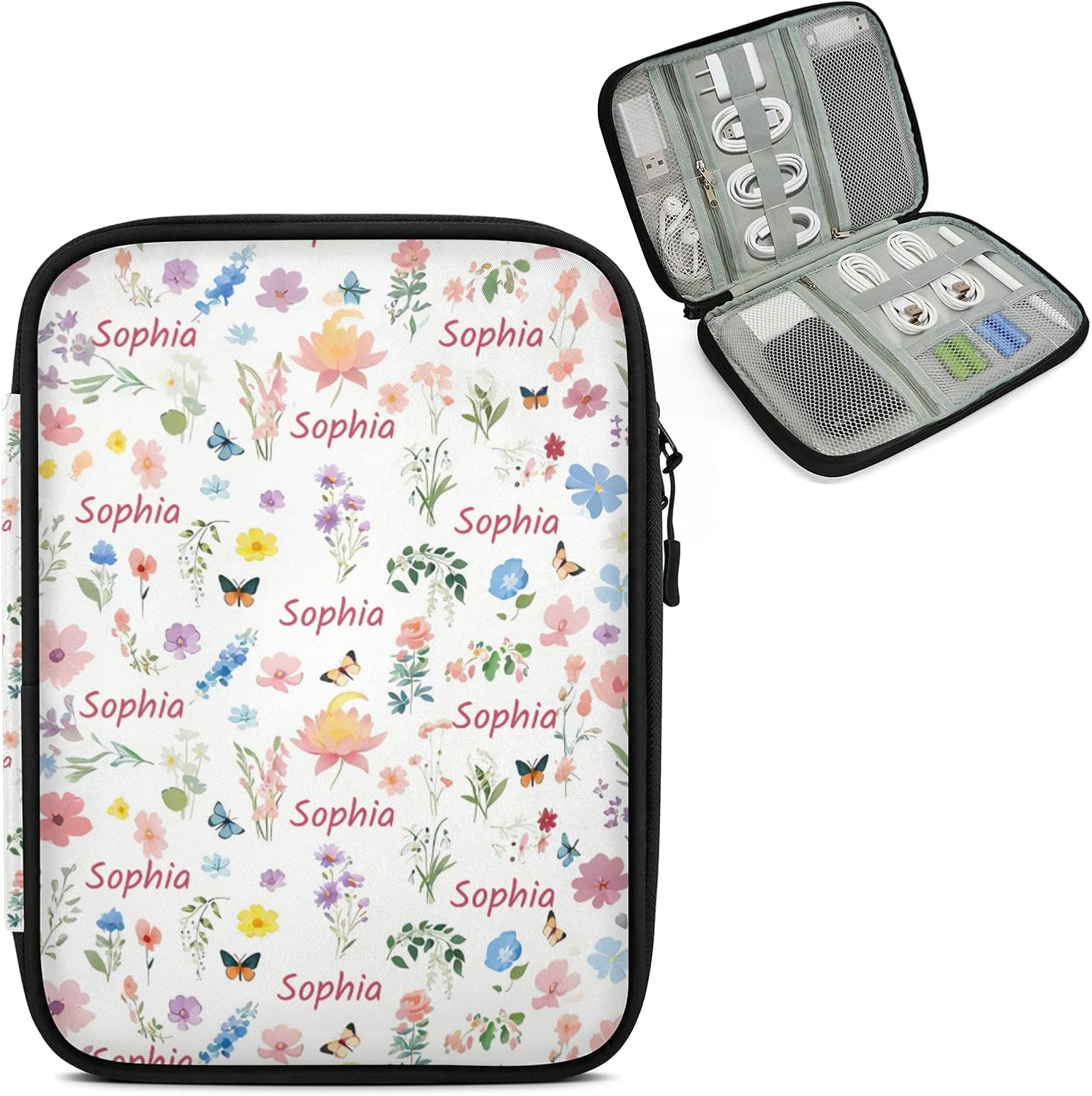 Custom Wildflower Electronic Organizer Travel Case with Name, Personalized Portable Cord Storage Bag for Charger Phone Earphone Power Bank, Customized Cable Accessories Pouch for Women