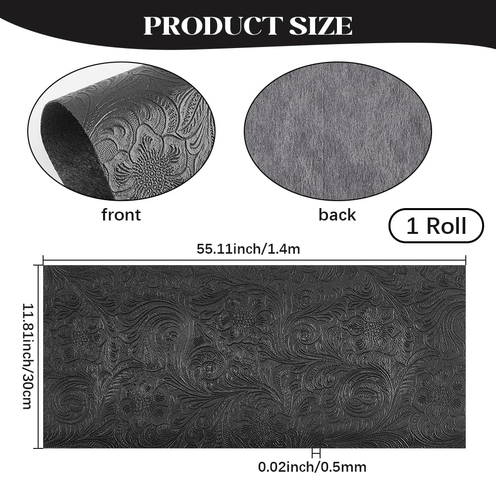 CRASPIRE 55x11.8In Black Bump Texture Faux Leather Pu Fabric Sheet Floral Plain Pattern Printed Soft Embossed Making Sewing Material DIY for Crafts Handbags Furniture Car Wrapping Shoes Belt - Image 2