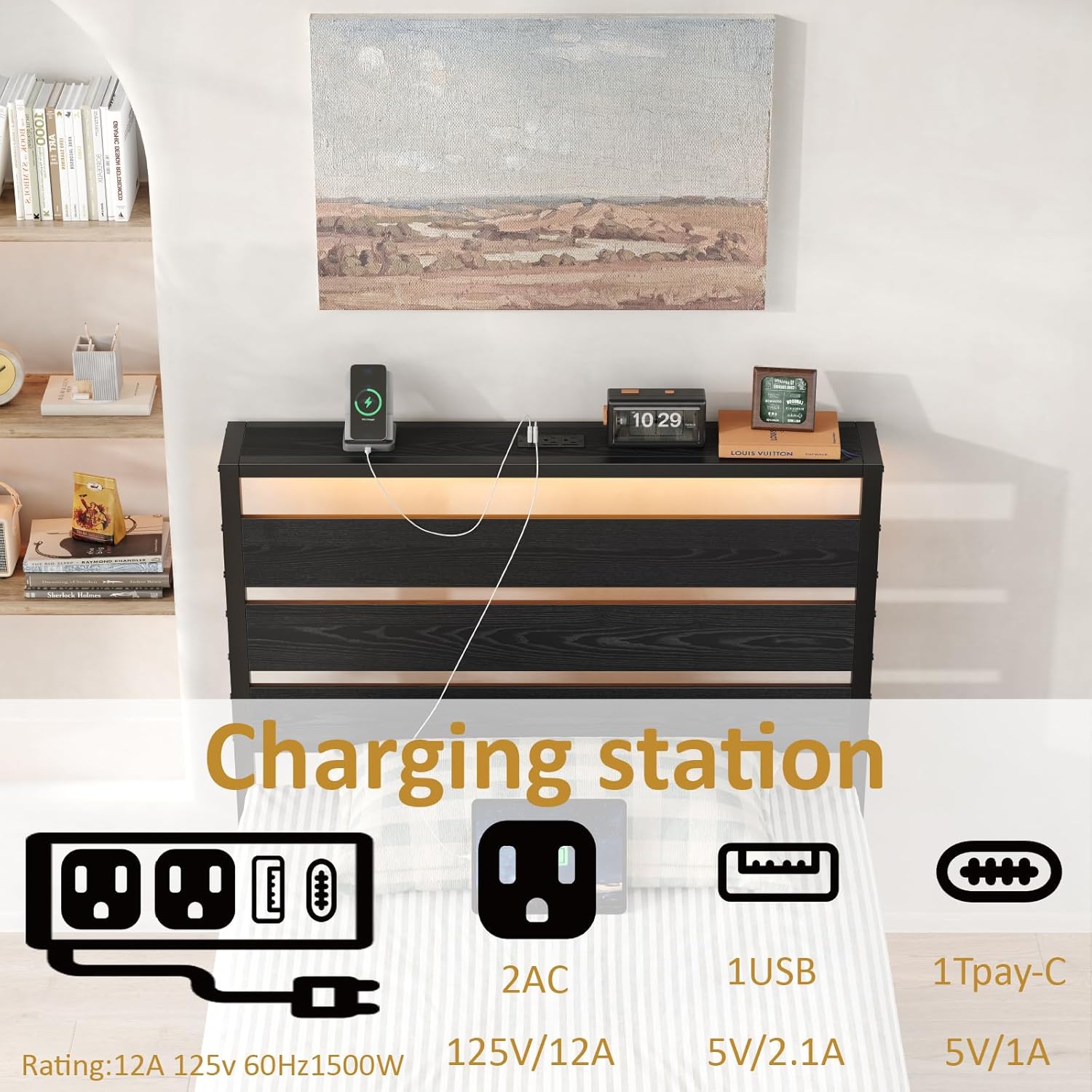 Крупный план зарядной станции на изголовье кровати, на котором видны 2 розетки переменного тока, 1 порт USB и 1 порт Type-C.