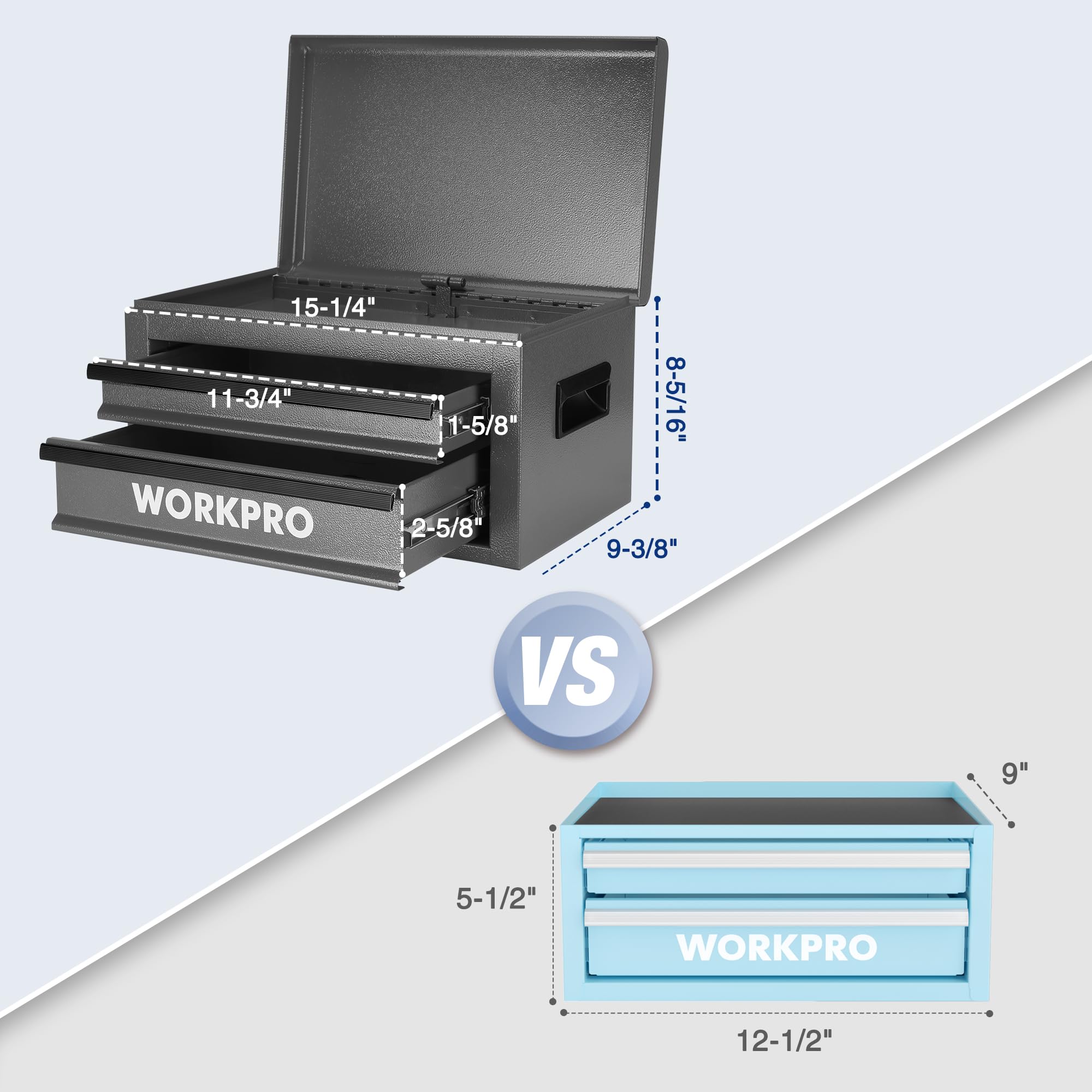 WORKPRO Caja de herramientas de metal de 15 pulgadas con 2 cajones y 1 almacenamiento superior, caja de herramientas portátil resistente con asa para garaje, oficina y hogar, capacidad de carga de