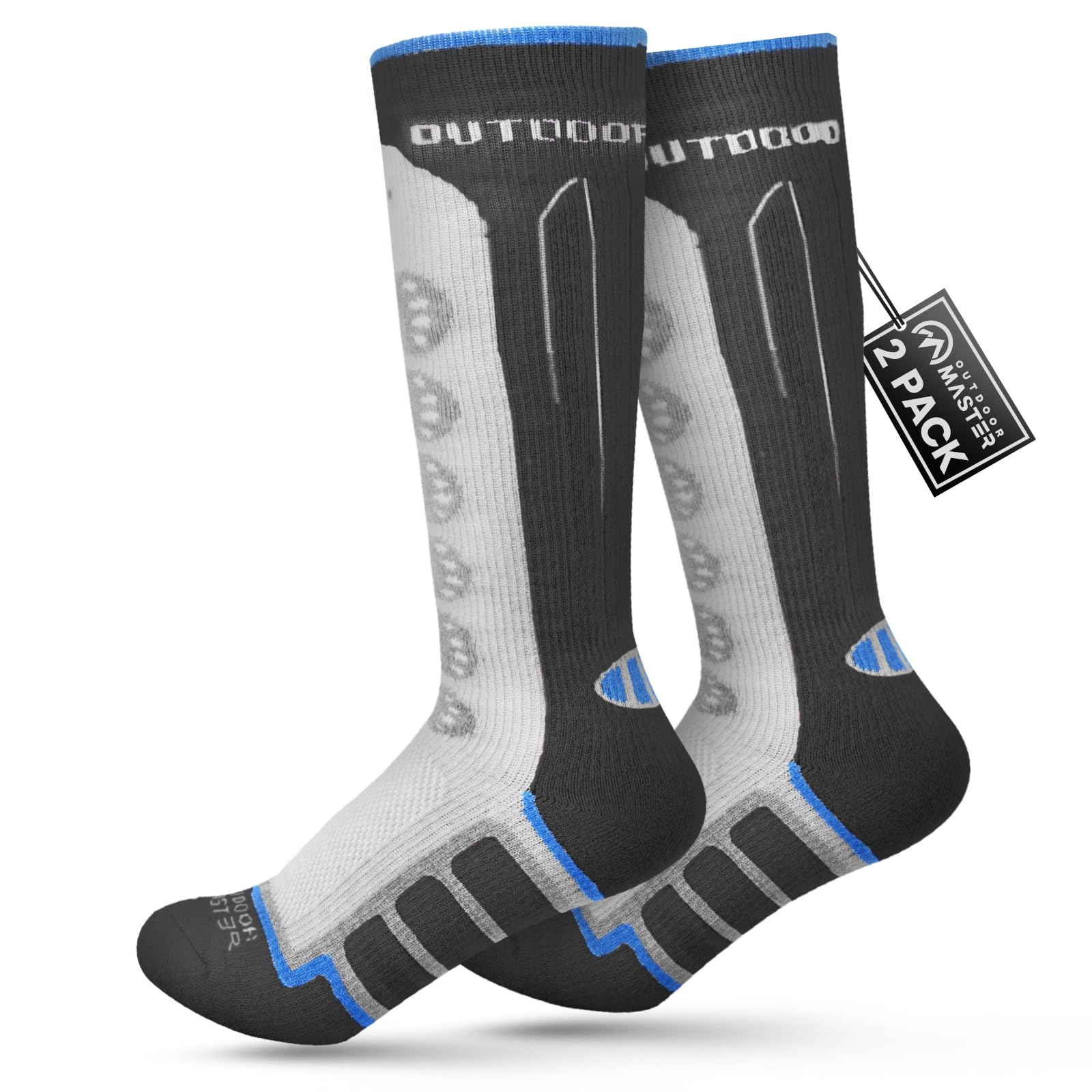 OutdoorMaster Calcetines de esquí para niños, paquete de 2 calcetines térmicos de compresión de invierno de lana merino, puños antideslizantes sobre la pantorrilla