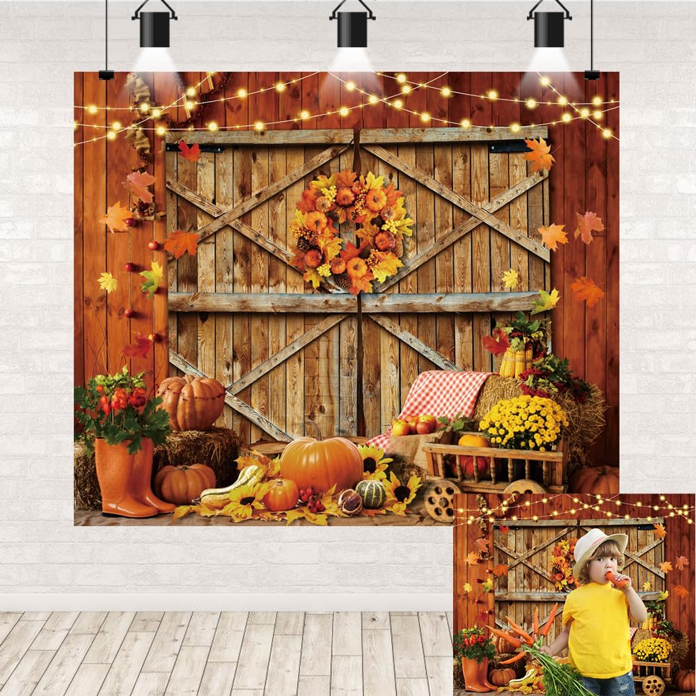 Fall Thanksgiving Backdrop Rustic Wood Door Barn Autumn Harvest Pumpkin Maple Leaves Sunflower Haystack Photography Background Party Decorations Photo Studio Prop 10x8ft