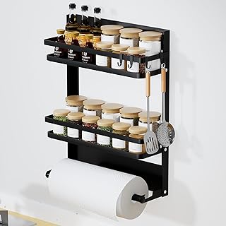 Jokisa Wall Spice Rack with Kitchen Roll Holder and 4 Hooks, Hanging Spice Rack, No Drilling, Space-Saving for Kitchen Organisation and Storage