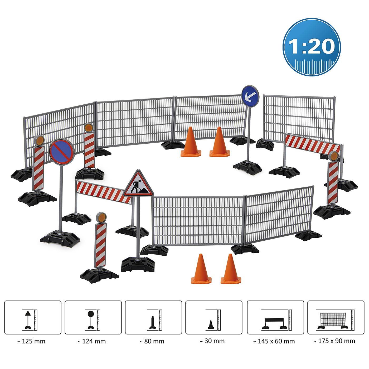 JAMARA 412413 – plac budowy 1:20-38-częściowy zestaw do zabawy – 2 szafy, 4 pylony, 3 tabliczki ostrzegawcze, 4 sygnalizatory ostrzegawcze, 6 ogrodzeń i 19 płyt na nogi