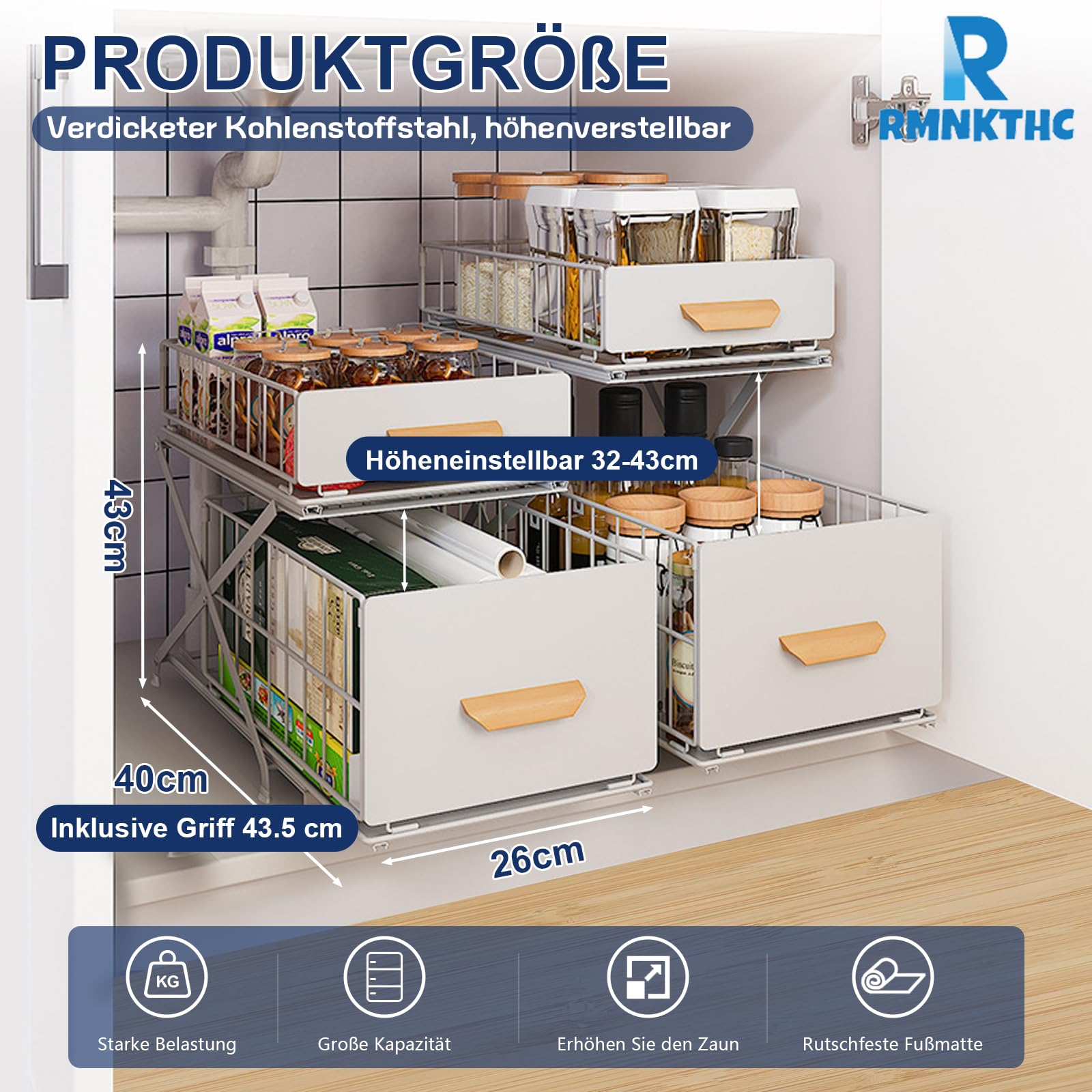 Gewürzregal aus Kohlenstoffstahl, 2 Etagen Unterschrank Organizer