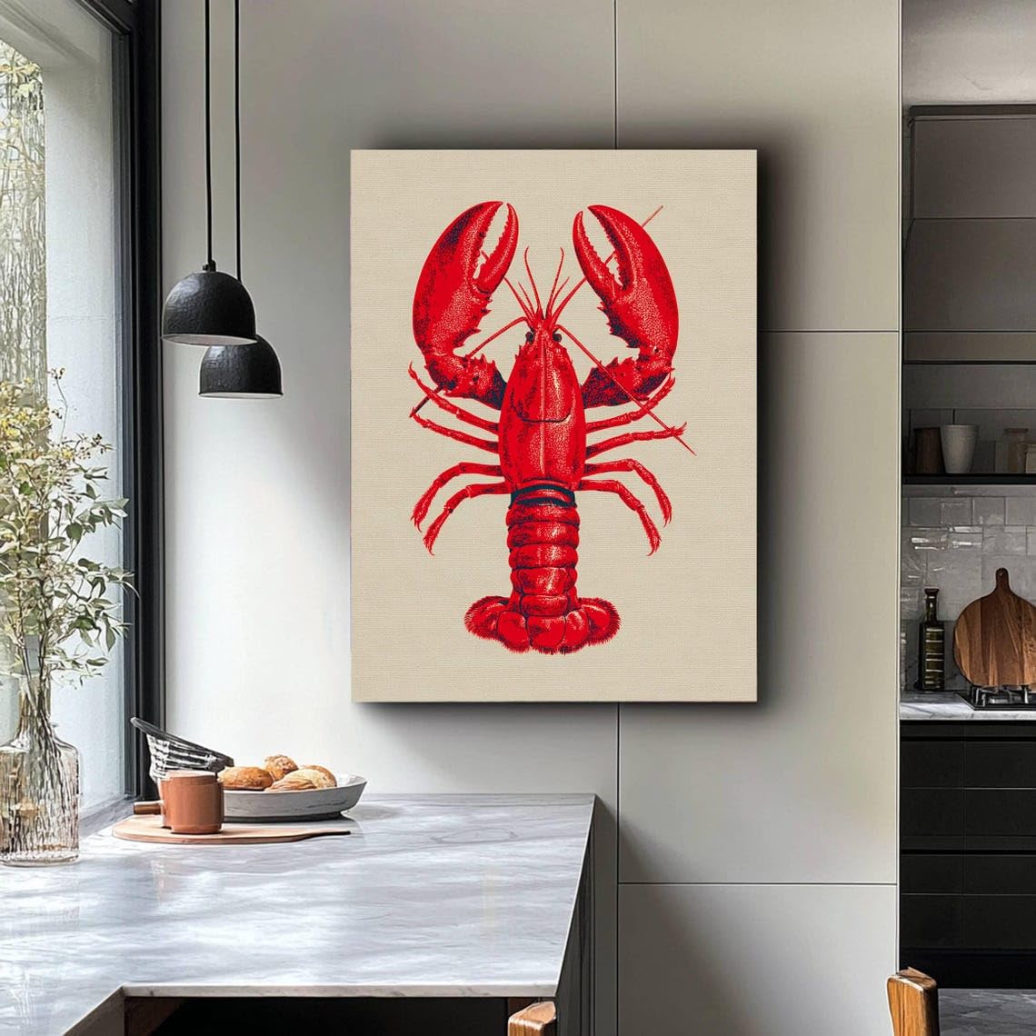 TONGYINLI Plakat i wydruki, obraz czerwonego homara, letnia sztuka ścienna na plaży, obraz ścienny z owocami morza do jadalni, dekoracja kuchni (50 x 75 cm/ramka wewnętrzna)
