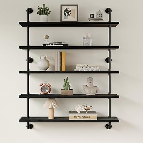 Miniatura 42 de Estantería industrial para tubería, estantería rústica montada en la pared de 60 pulgadas, estantes flotantes para pared, estantes industriales