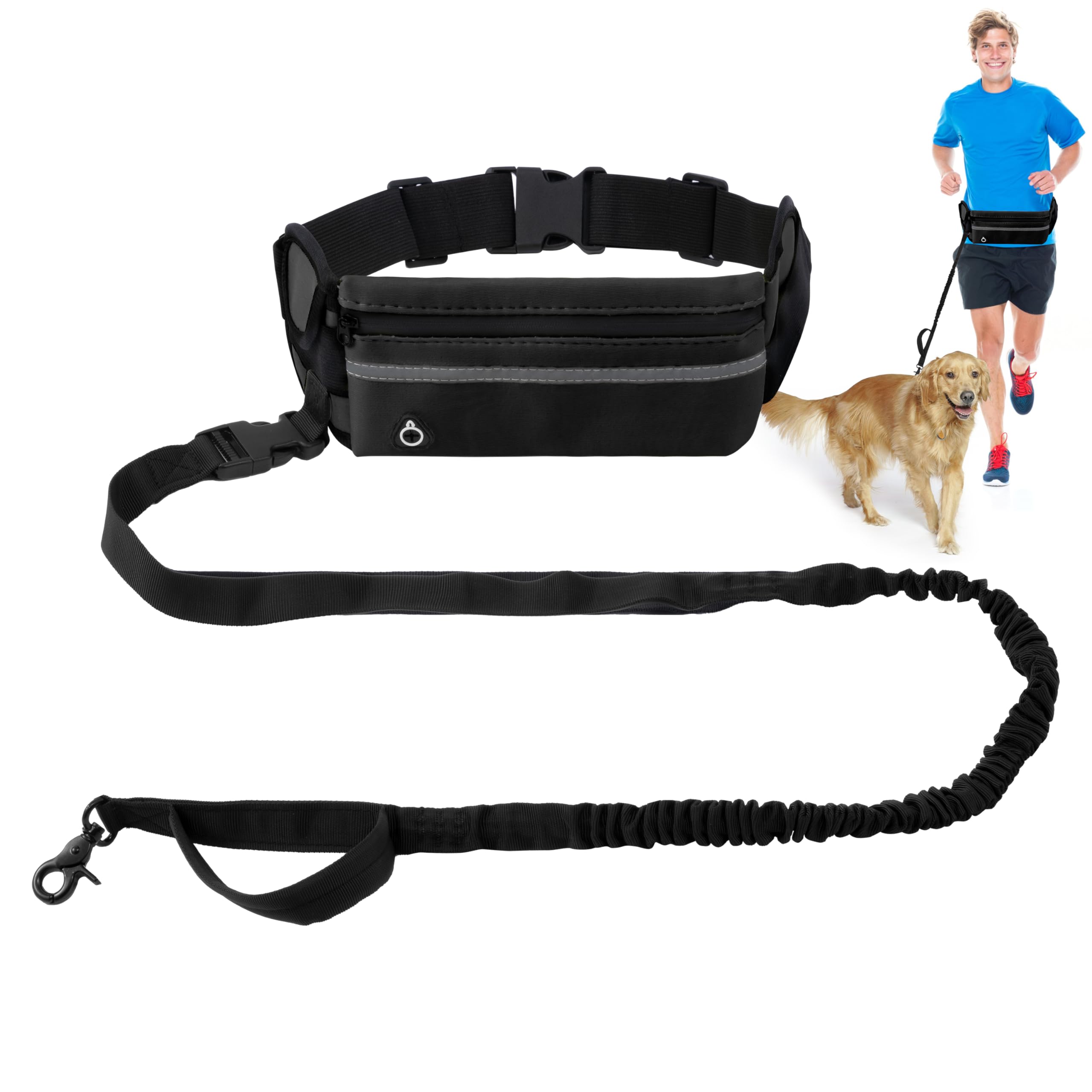 Correa para perro manos libres, correas para correr con bolsa con cremallera, cinturón reflectante ajustable, elástico retráctil de doble asa para perros pequeños, medianos y grandes, para