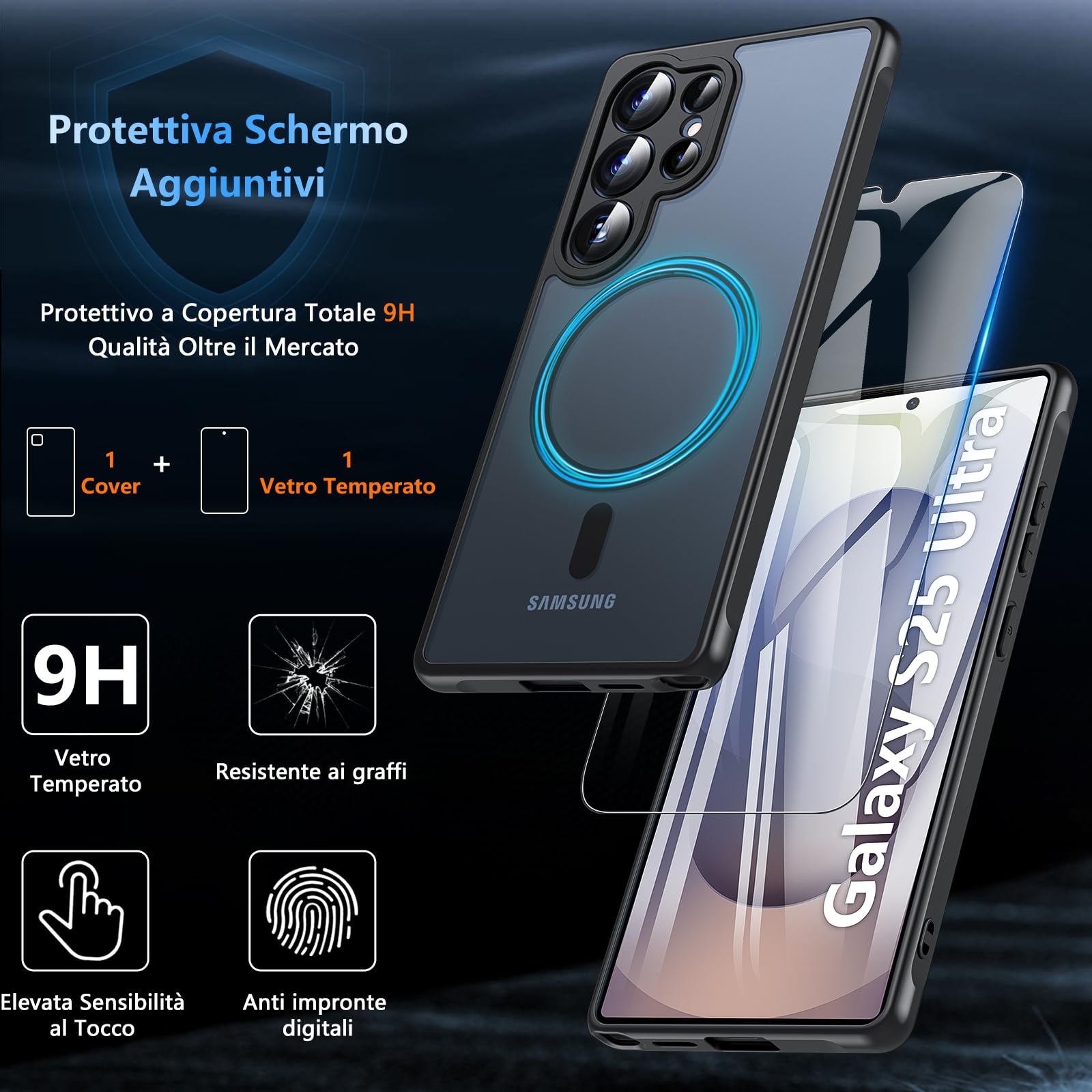 Hensinple Magnetica Cover per Samsung Galaxy S25 Ultra con Vetro Temperato, Compatibile con MagSafe, Custodia Samsung S25 Ultra Antiurto Traslucida Opaca Posteriore Sottile Resistente ai Graffi, Nero