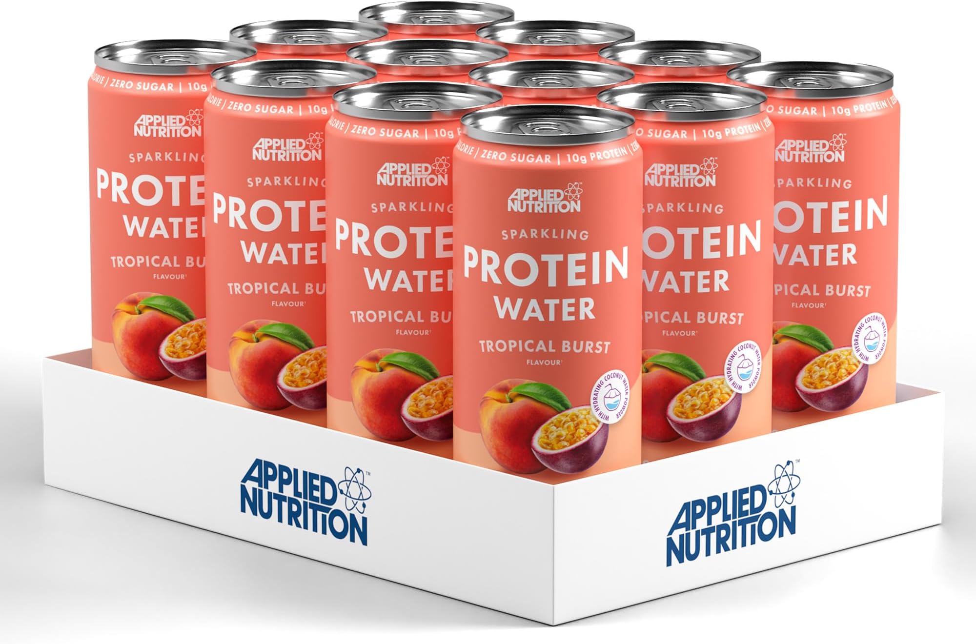 Applied Nutrition Sparkling Protein Water - 10g Collagen Boost – Low-Calorie Hydration with Vitamin C and Coconut Water – Refreshing and Wellness Drink (Pack of 12 Cans x 330ml) (Tropical Burst)