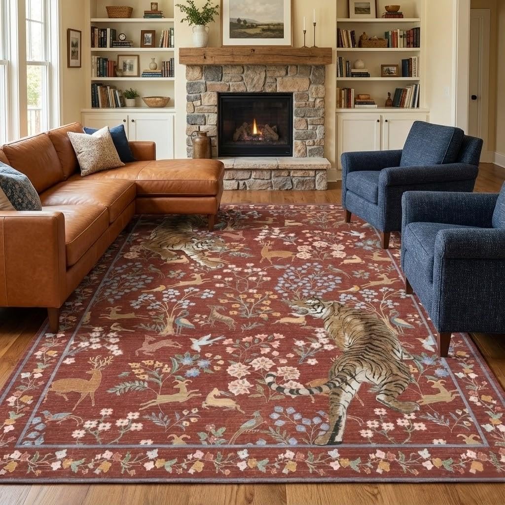 8x10 Vintage Exotic Tiger Area Rugs,Terracotta Red with Floral & Animal Motifs, Soft Faux Cashmere Short Pile, Non-Slip Machine Washable Foldable Rug for Living Room, Bedroom, Dining Room