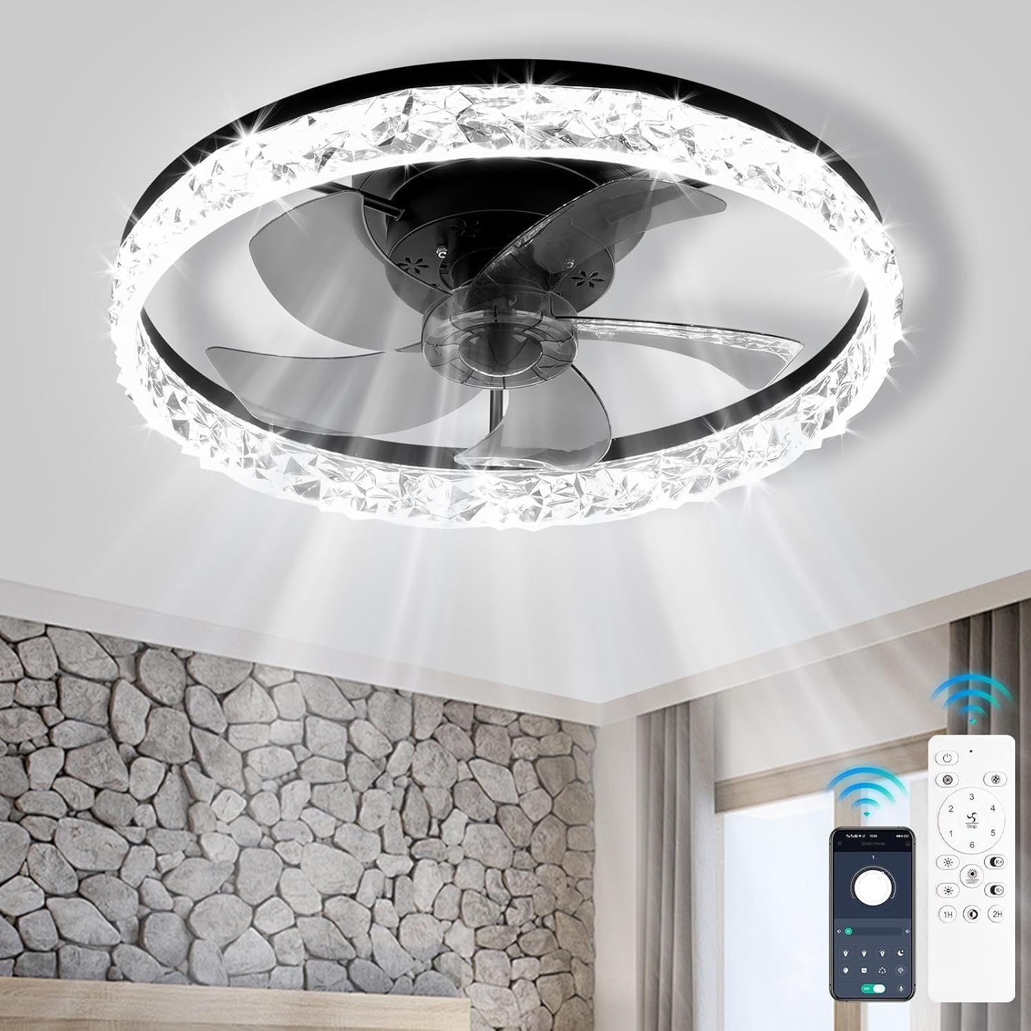 Fintonglan Ventilador de Techo LED Regulable con Luz y Mando, 50 cm Ventilador Moderno sin Aspas Negro, Motor Reversible Silencioso 6 Velocidades con APP para Dormitorio y Salón [Clase E]