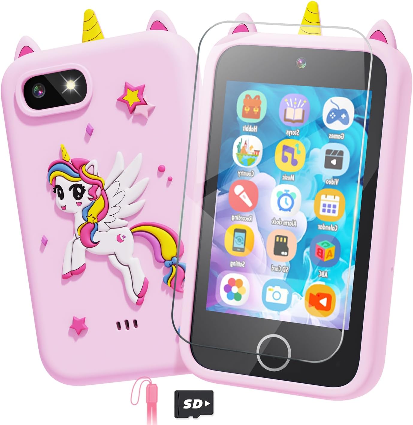 Unicorn Phone for Girls Age 3-8 - Touchscreen Learning Toy with Camera and 8G SD Card