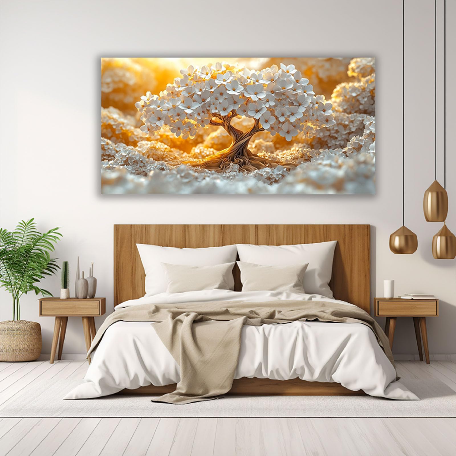 TERUEA Cuadros Decorativos Modernos Floral Brillante Árbol Blanco Nube Dorada Cielo Cuadros Decoracion Salon yoga femenino flor salud Lienzos decorativos（Gold-40x80cm1 Sin marco