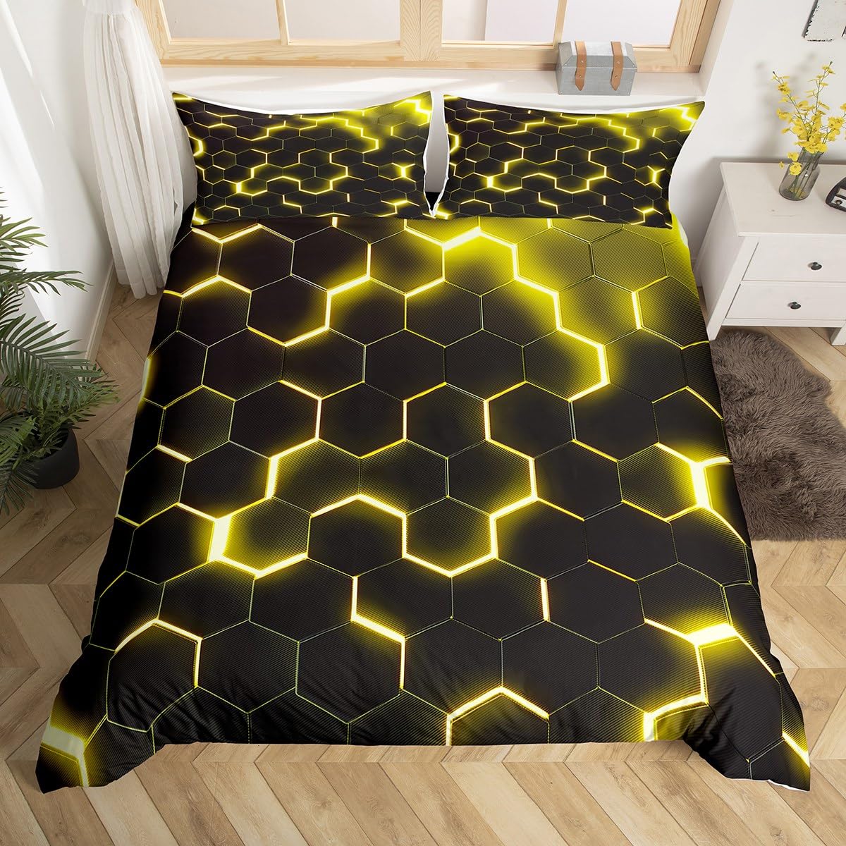 Yellow Black Geometric Comforter Cover Neon Hexagon Honeycomb Bedding Set for Boys Kids Teen Men Reversible Black,Modern Duvet Cover Geometrical Beehive Quilt Cover Double