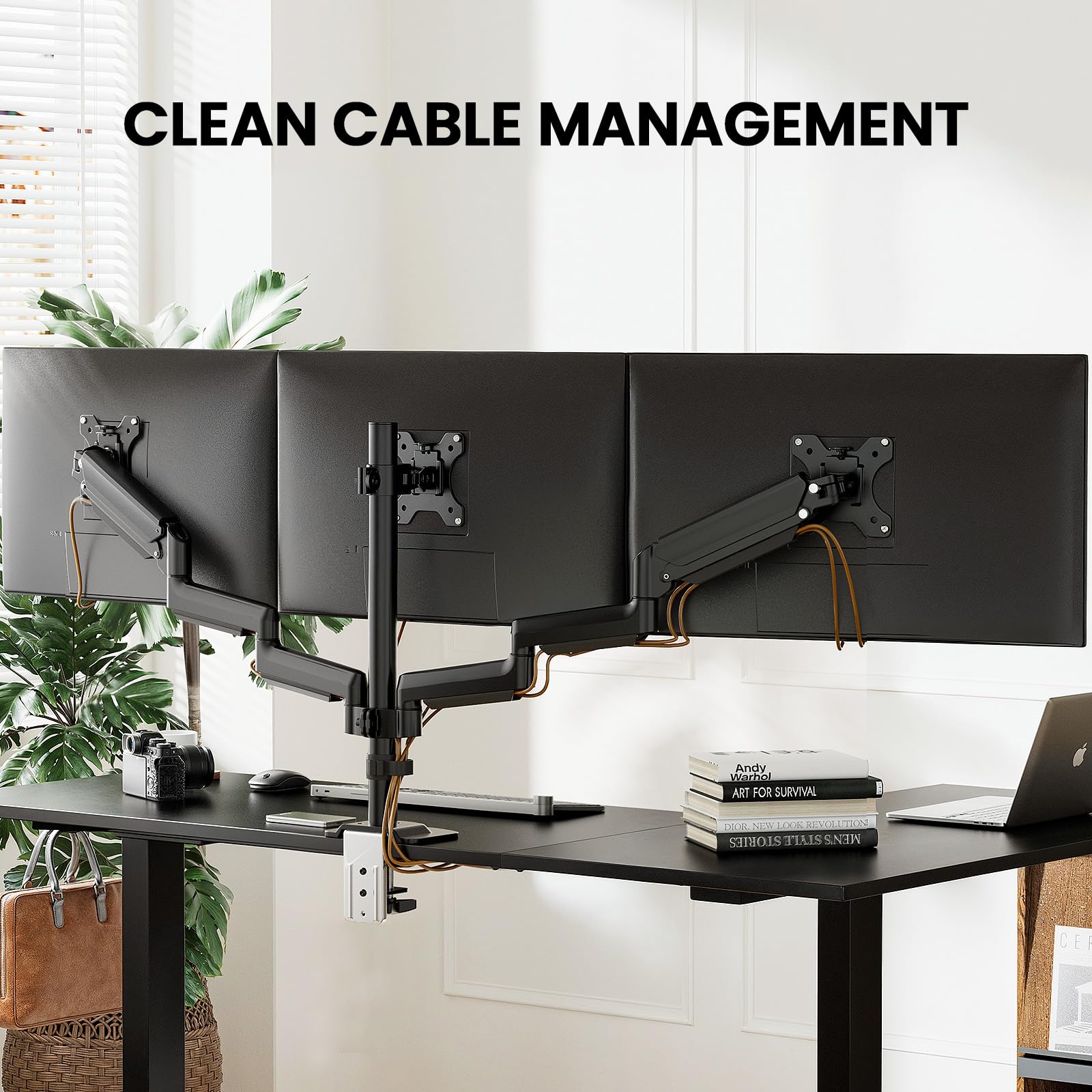 ErGear Support triple écran, ressort à gaz pour écrans de 13 à 27" jusqu'à 8 kg, bras robuste triple avec pivotant, inclinaison, rotation, VESA max 100 x 100 mm, noir