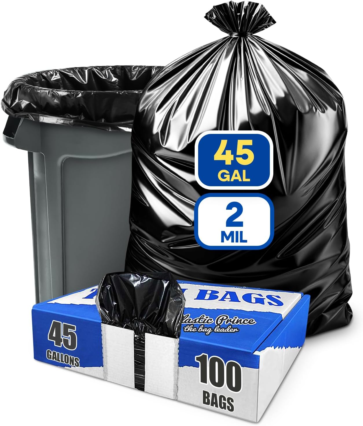 PLASTIC PRINCE 40-45 Gallon Trash Bags Heavy Duty 2Mil Fit Rubbermaid Brute Rollout Round and Square 32-44 gal Trash Cans 40" x 46" Outdoor Garbage Bags, Black Pack of 100
