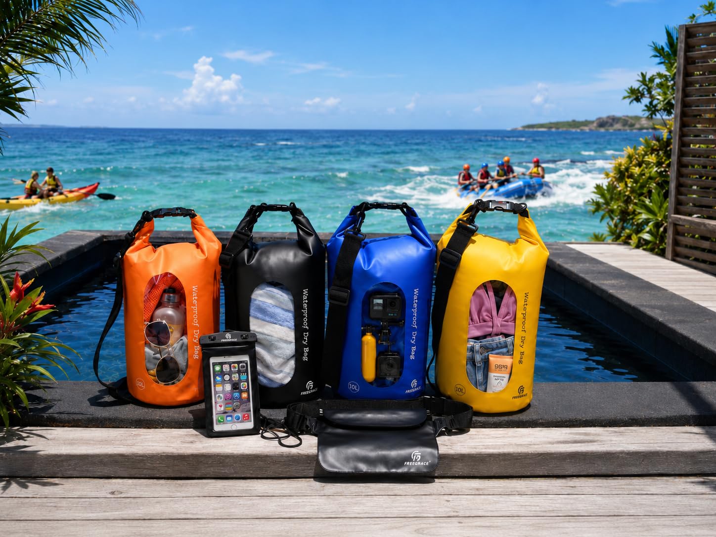 Freegrace Confezione da 3 borse impermeabili con 2 cerniere e tracolla staccabile, marsupio e tasca per telefono, sommergibili in acqua per nuoto, kayak