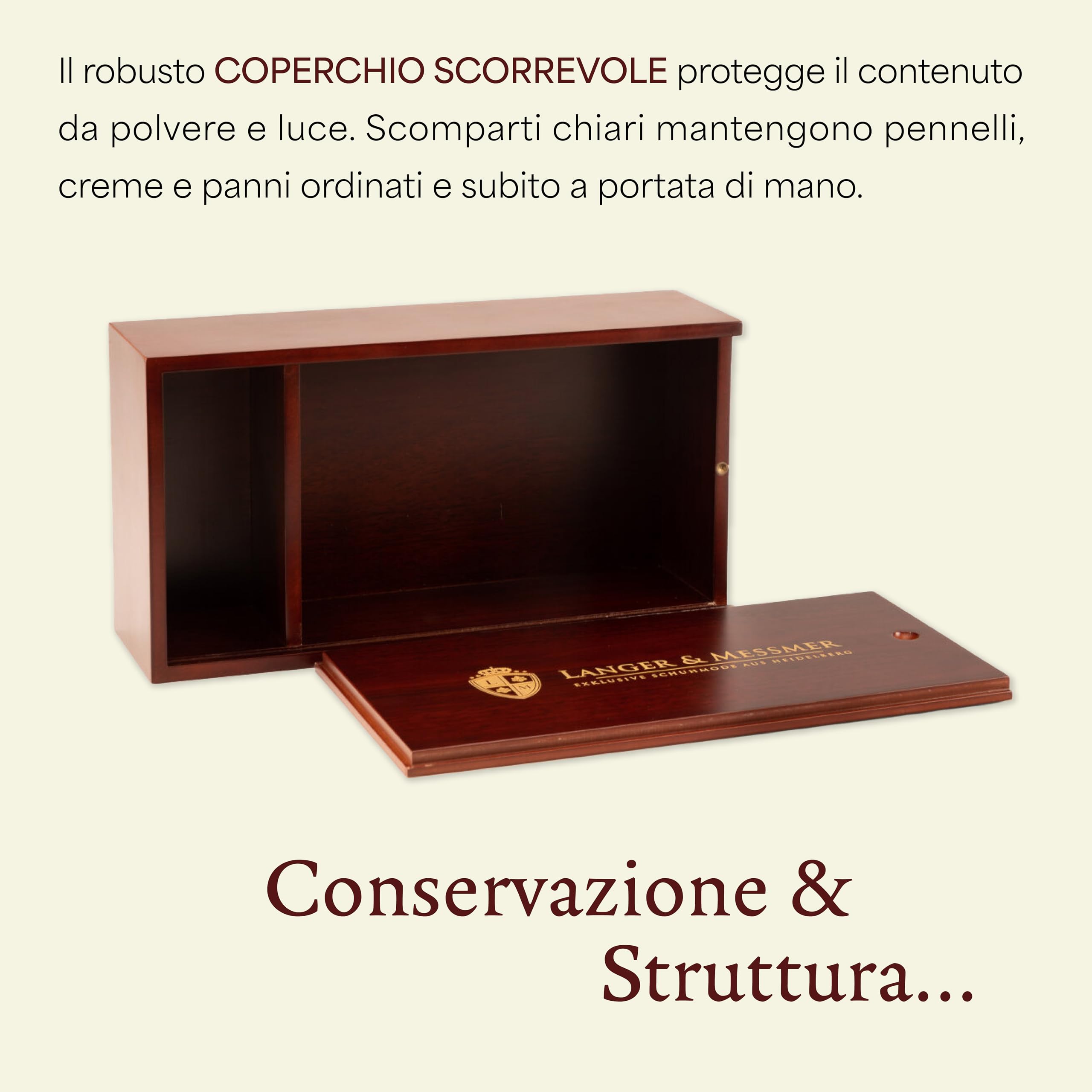 Langer & Messmer Scatola per lustrascarpe di alta qualità senza contenuto o con set di cura in più parti - scatola per lustrascarpe in legno con creme per la cura della pelle modello Mannheim