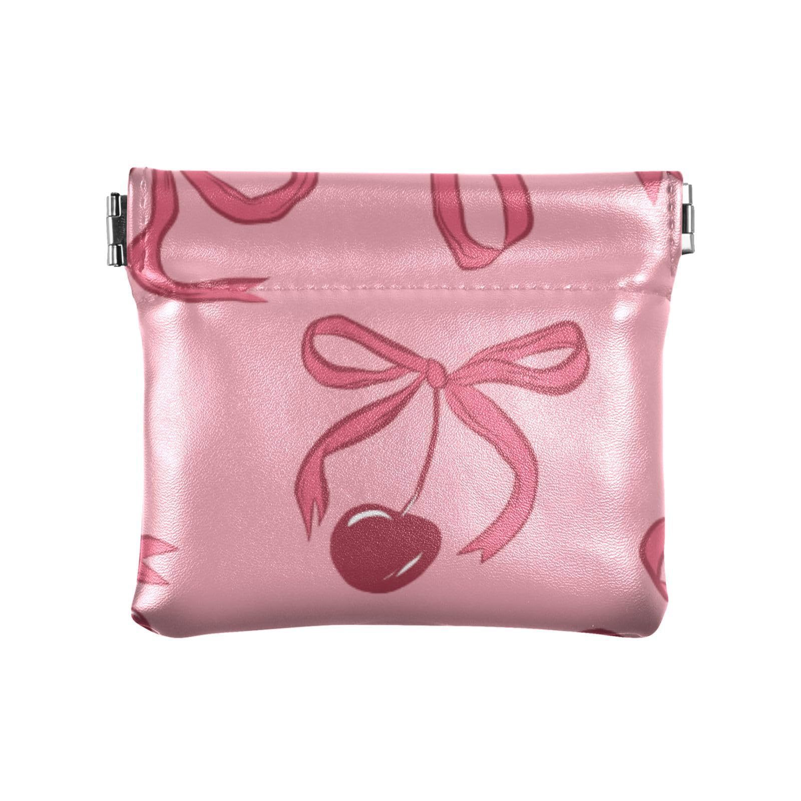 susiyo Valentine Pink Bows and Cherries Squeeze Coin Purse Pouch Change Holder PU Leather Jewelry Pouch Mini Cosmetic Bag