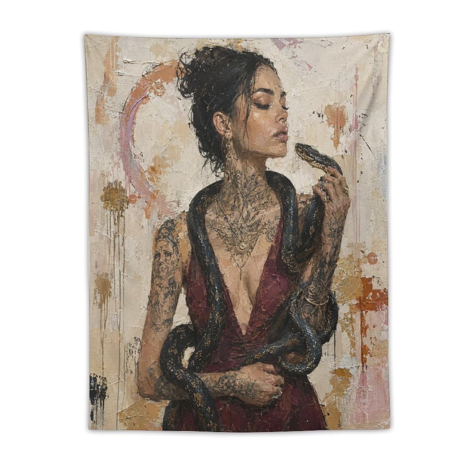 W7C8U2X3 Tattooed Woman with Wine Wall Tapestry, Grunge Figurative