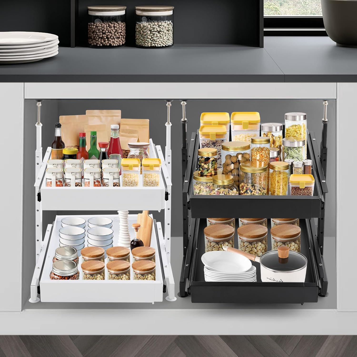 Organizzatore A Cassetti Estraibili A 2 Livelli Espandibili - profondità 53 Cm (21 Pollici) - Soluzione di Stoccaggio per Mobili da Cucina, Dispensa, Bagno E Scaffali di Casa.