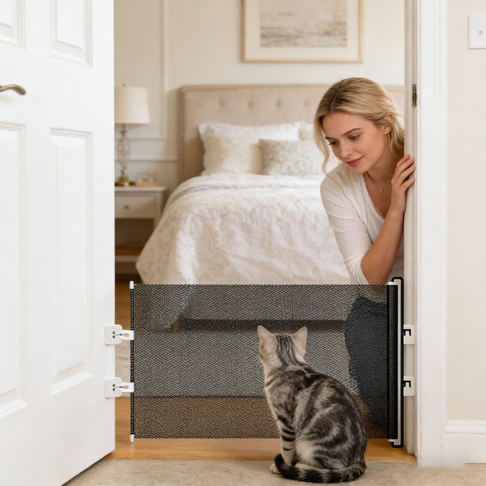 Retractable Mesh Pet Gate, No-Drill Dog & Cat Barrier Gate, Adjustable Indoor/Outdoor Fence for Doorways, Stairways, Puppies & Small Animals,125x50CM (Black) - 3