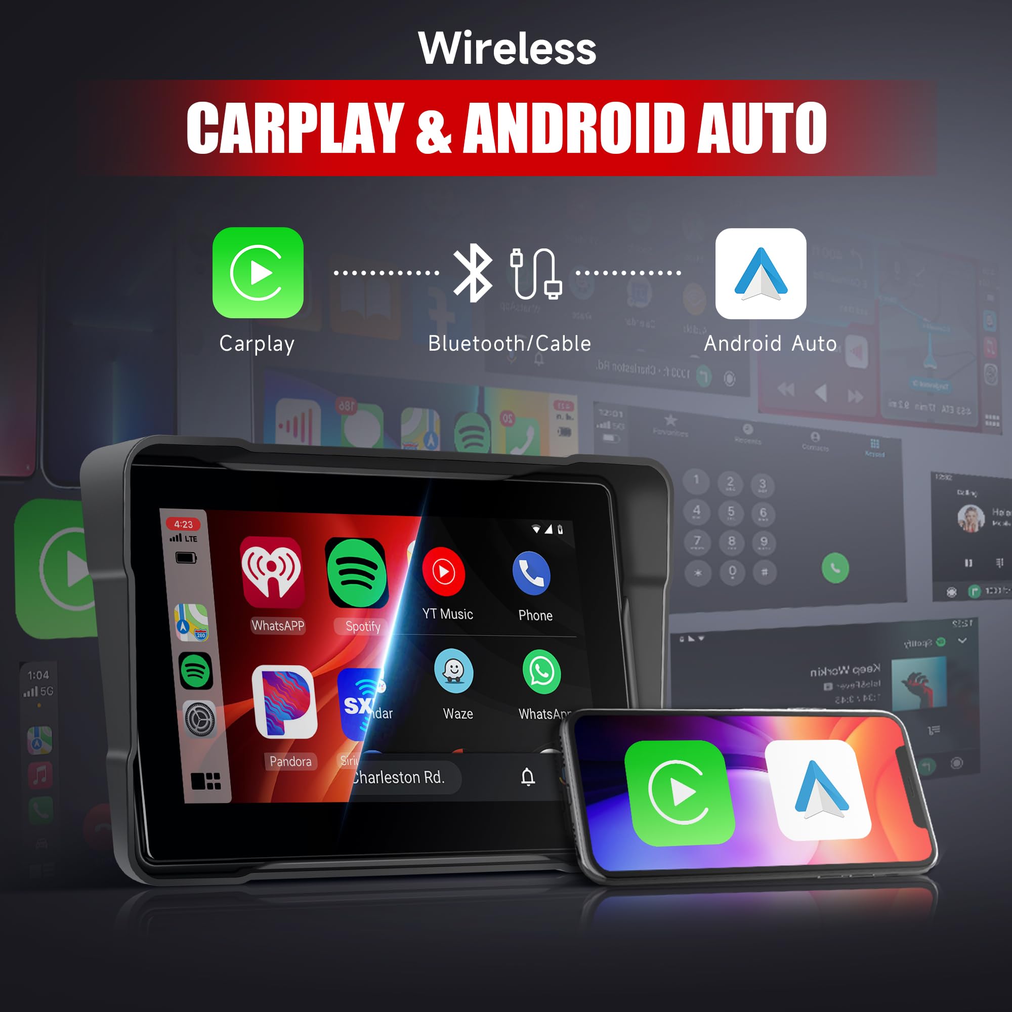 Rimoody Moto Senza Fili Carplay Schermo per Moto, 5 Pollici Touchscreen Autoradio Portatile per Moto, IP67 Impermeabile con Android Auto Airplay/Android Cast/Bluetooth/Controllo Vocale/AUX/USB/EQ/SD