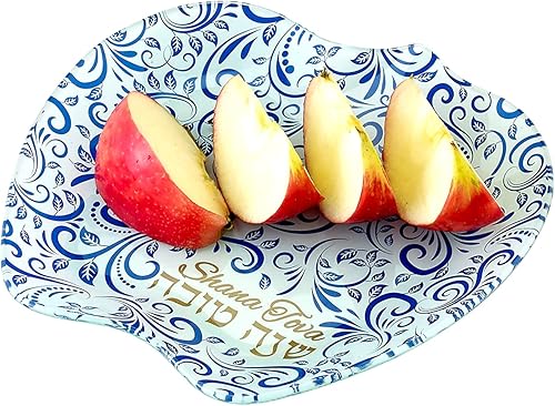 Rosh Hashanah - Plato de manzana de vidrio con azul y dorado judío de año nuevo anfitriona fiesta favores cocina servir accesorios de cocina regalos
