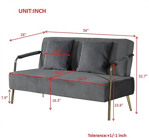 Miniatura 2 de Moderno sofá biplaza tapizado de terciopelo con 2 almohadas y patas de metal dorado, sofá futón pequeño plisado de 2 plazas para espacios pequeños,