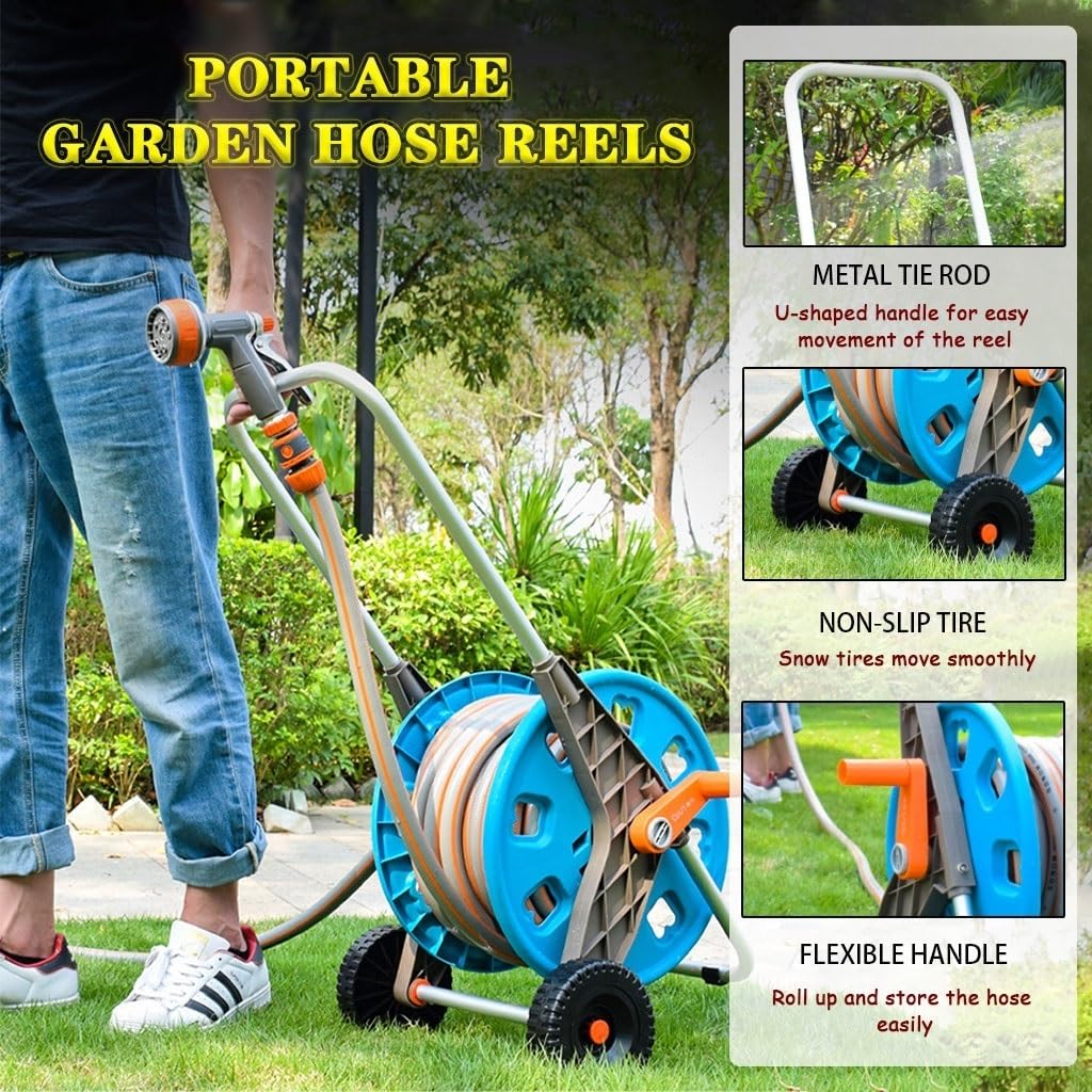 Carrello avvolgitubo Carrello per Tubi da Giardino per Carichi Pesanti, Carrello per Tubi Portatile con Rulli, Carrello per Tubi con Ruote, Rack per Stoccaggio Tubi Domestici (Un Carrello per Tubi+T