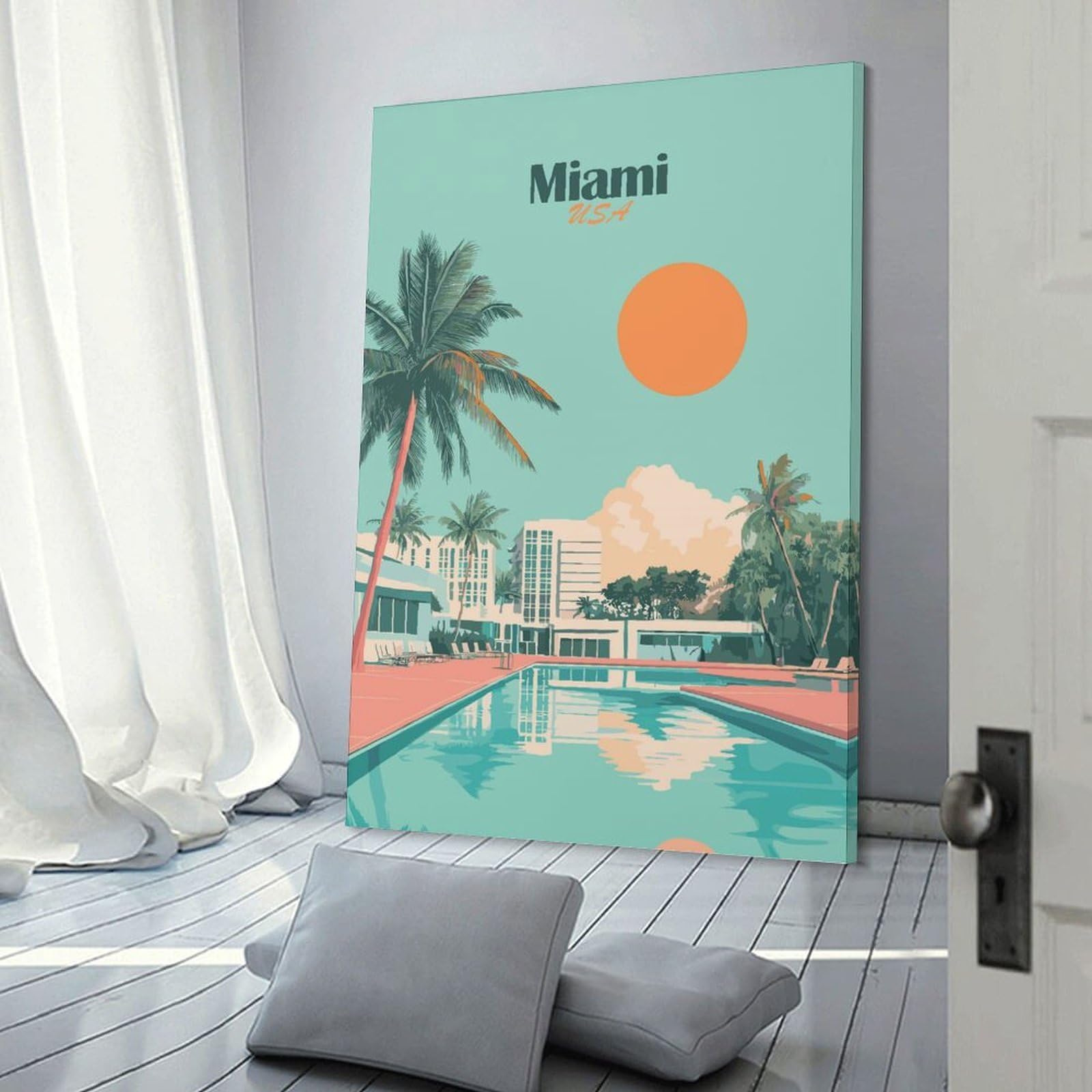Junmoney Canvas Wall Decor Miami Beach Poolside, 24x36inch(60x90cm), for Restful Interiors, Bedrooms Or Small Rooms, Canvas Wall Decor for Personal Spaces