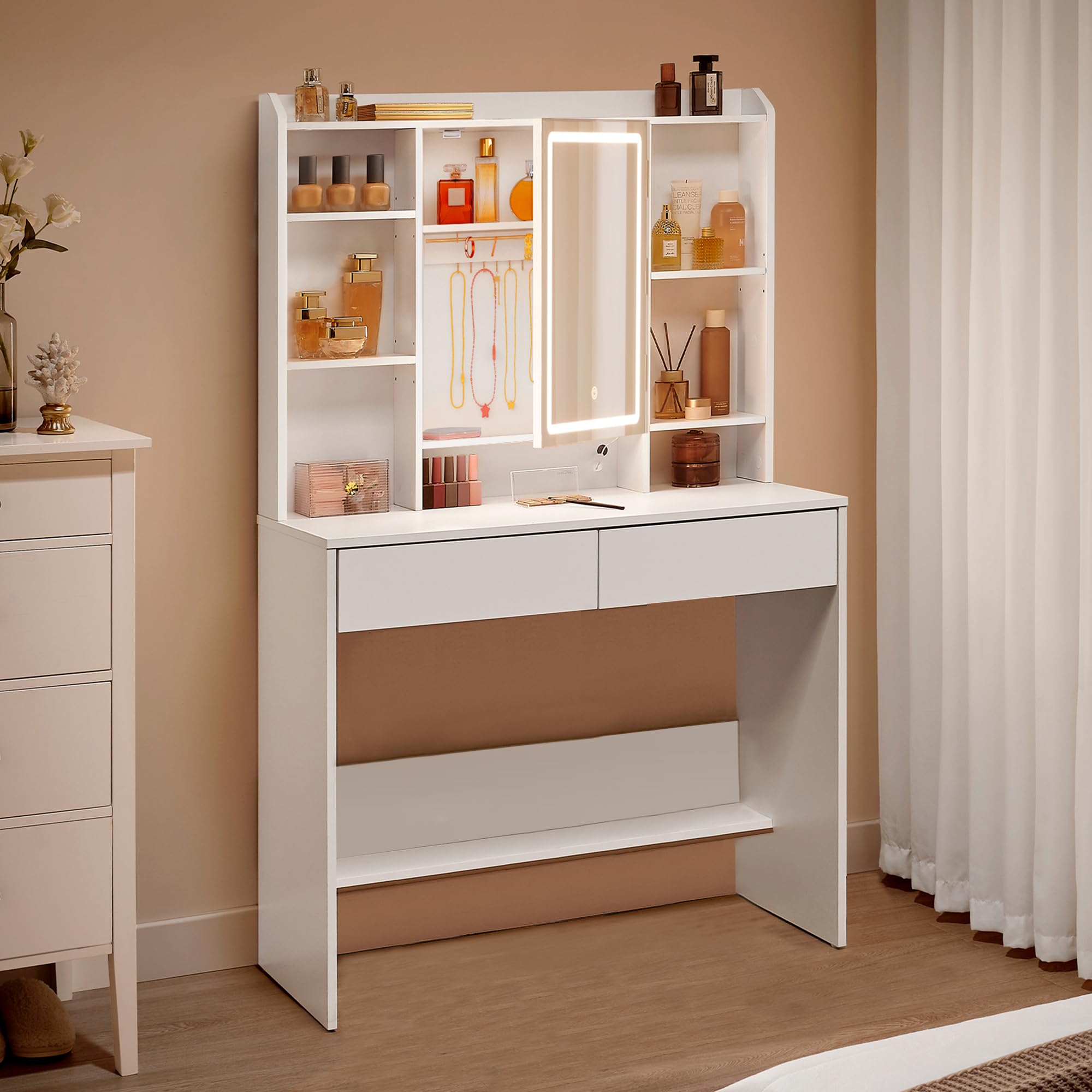 VASAGLE Kailyn Collection - Coiffeuse avec Miroir LED, 3 Couleurs, Luminosité Réglable, Table de Maquillage, Grand, Étagère de Rangement Réglable, 2 Tiroirs, Style Moderne, Blanc RDT123WB01