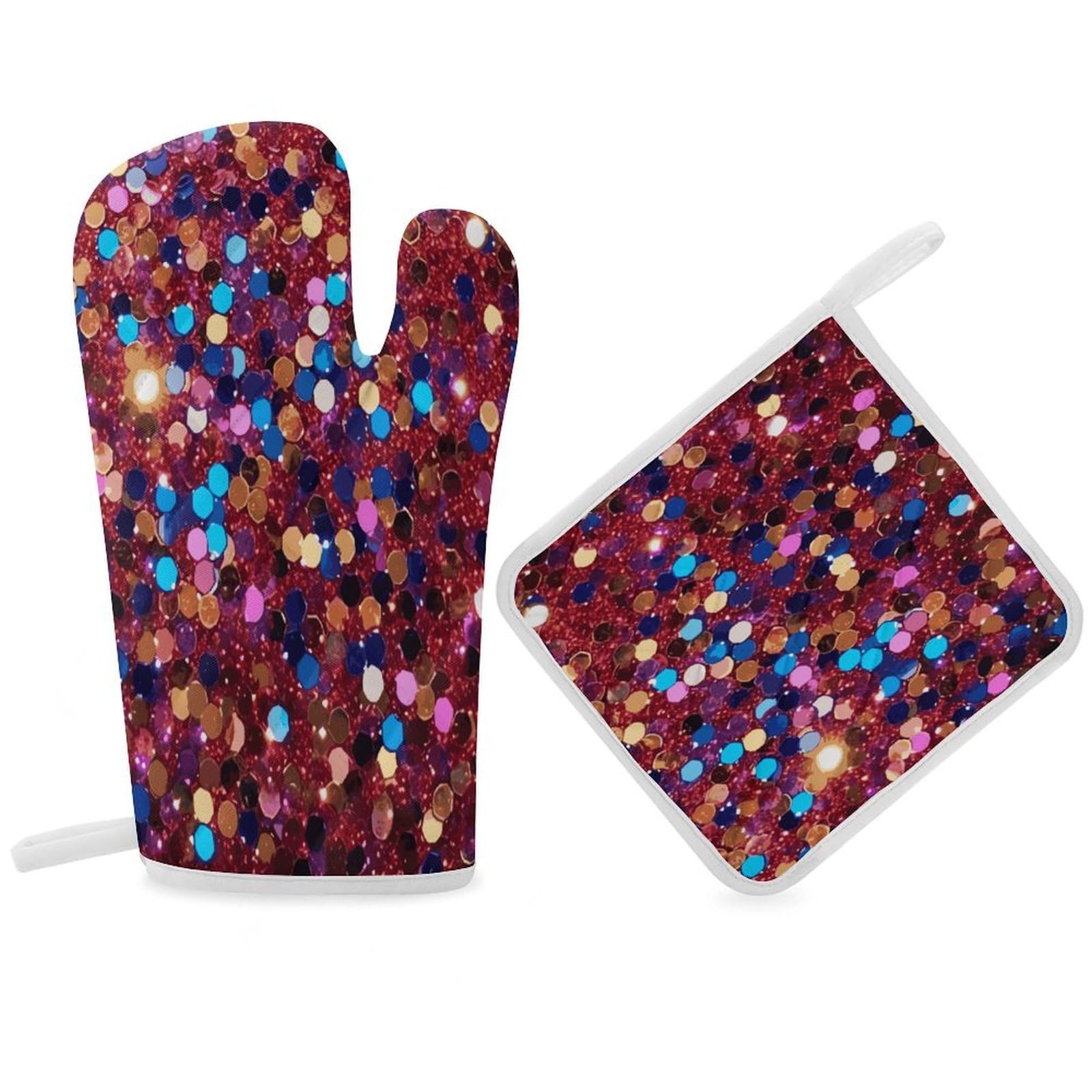 Glitter Pattern Oven Mitt Thick Substantial Heat Insulation Gloves Soft Skin-Friendly Temperature Resistant Oven Mitts for Cooking Lover Cooks