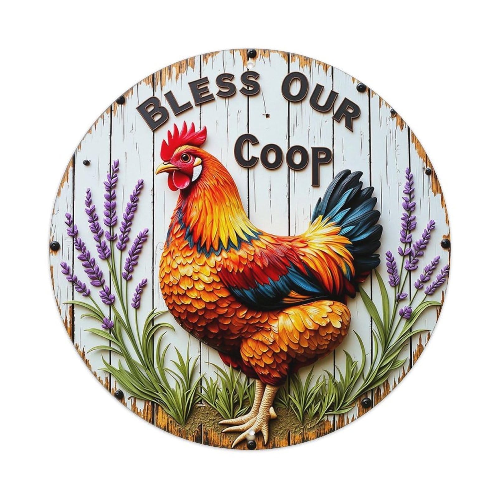 Jdyaojiesheng Vintage Rooster Lavender Wood Sign Coop Round Tin Sign Retro Metal Wall Decor Metal Poster, Home Bar Garage Farmhouse Cafe Wall Art Decoration 8X8inch