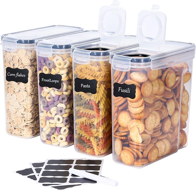 LUFEVRM Airtight Food Storage Containers with Lids,BPA Free Plastic Cereal Containers Storage 4 Pack 2.5L,Kitchen and Pantry Organization storage for Dry Food,Cereal,Flour,Sugar,Include 24 Labels
