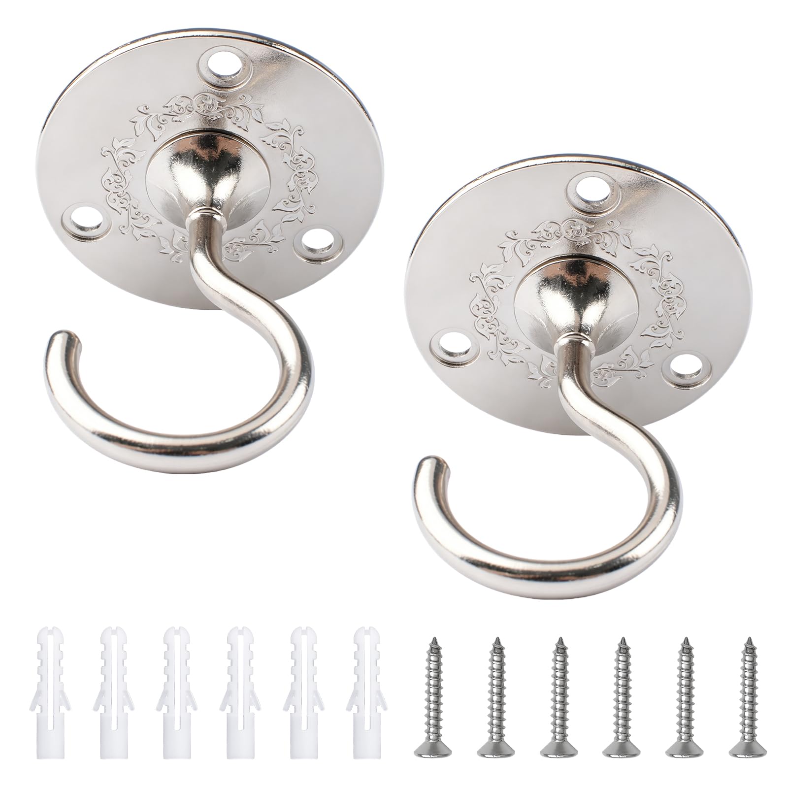 INCREWAY 2PCS Silver Disc-Shaped Carved Ceiling Hook Round Plate Hook for Hanging Plants Lights Decorations, Ceiling Mount Hook for Indoor Use — image 1