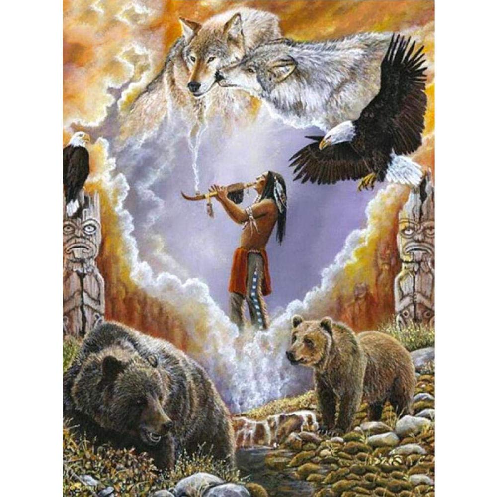TNXEV DIY 5D Diamond Painting Kits for Adults & Kids, Full Drill Diamond Art Painting American Natives Indian Man and Wolf Rhinestone Crystal Embroidery Wall Art for Home Wall Decor 30x40cm