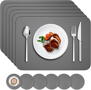 6er Set Tischsets Abwaschbar,Abwischbar Lederoptik Platzset und Untersetzer,Wasserdicht PVC Platzdeckchen Tischset für Hause Küche Restaurant und Hotel,41x31cm,Dunkelgrau