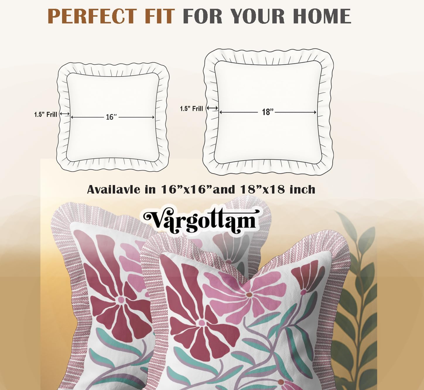 Cotton Twill Frill Cushion Covers 16 Inch Square, Set of 2, Reversible Print, Farmhouse Throw Pillow Covers with Hidden Zipper - Floral Print