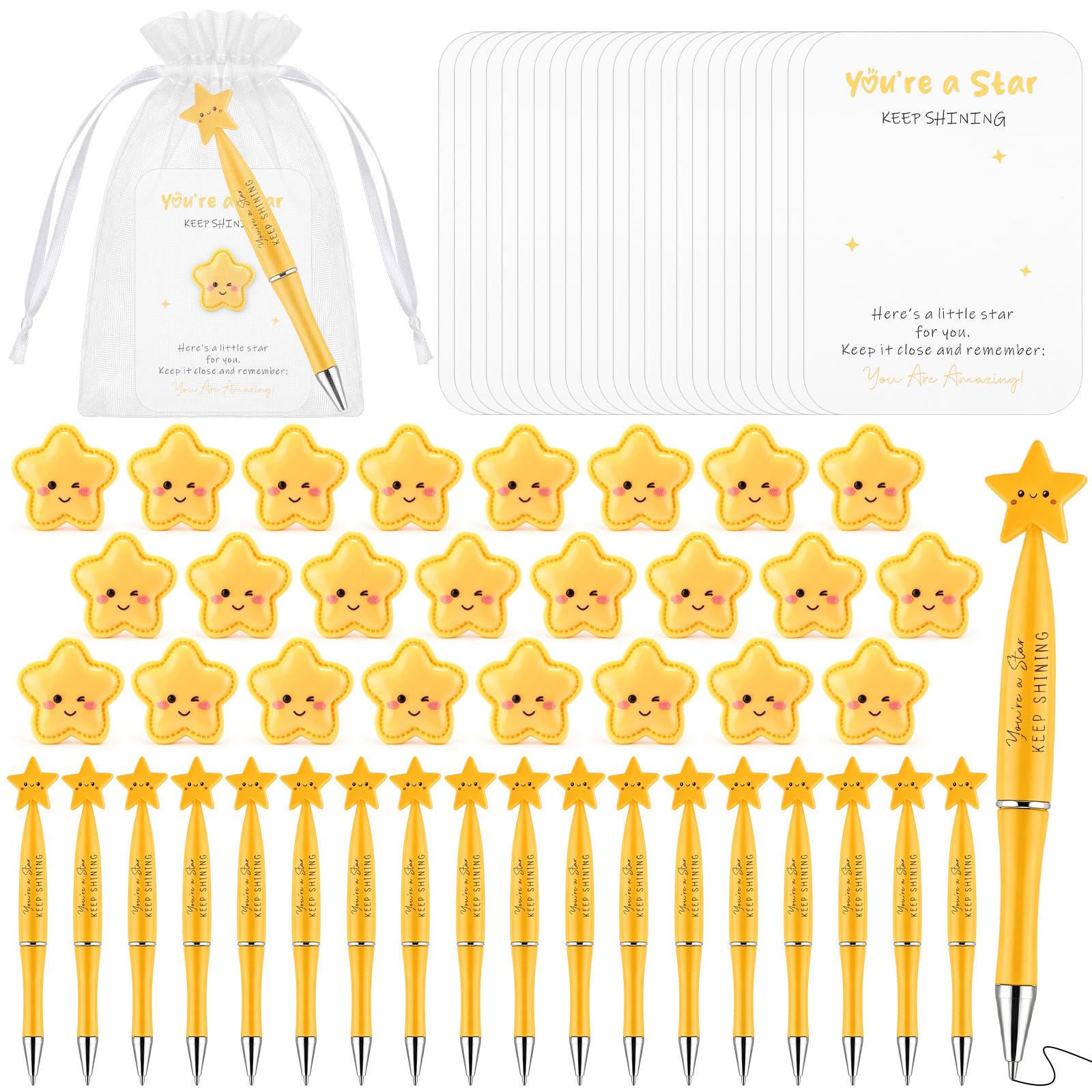 BBTO 24 Set End of Term Gifts Bulk Includes You're a Star Ballpoint Pens Inspirational Resin Star Motivational Cards with Mesh Bag Teacher to Leaver Gifts