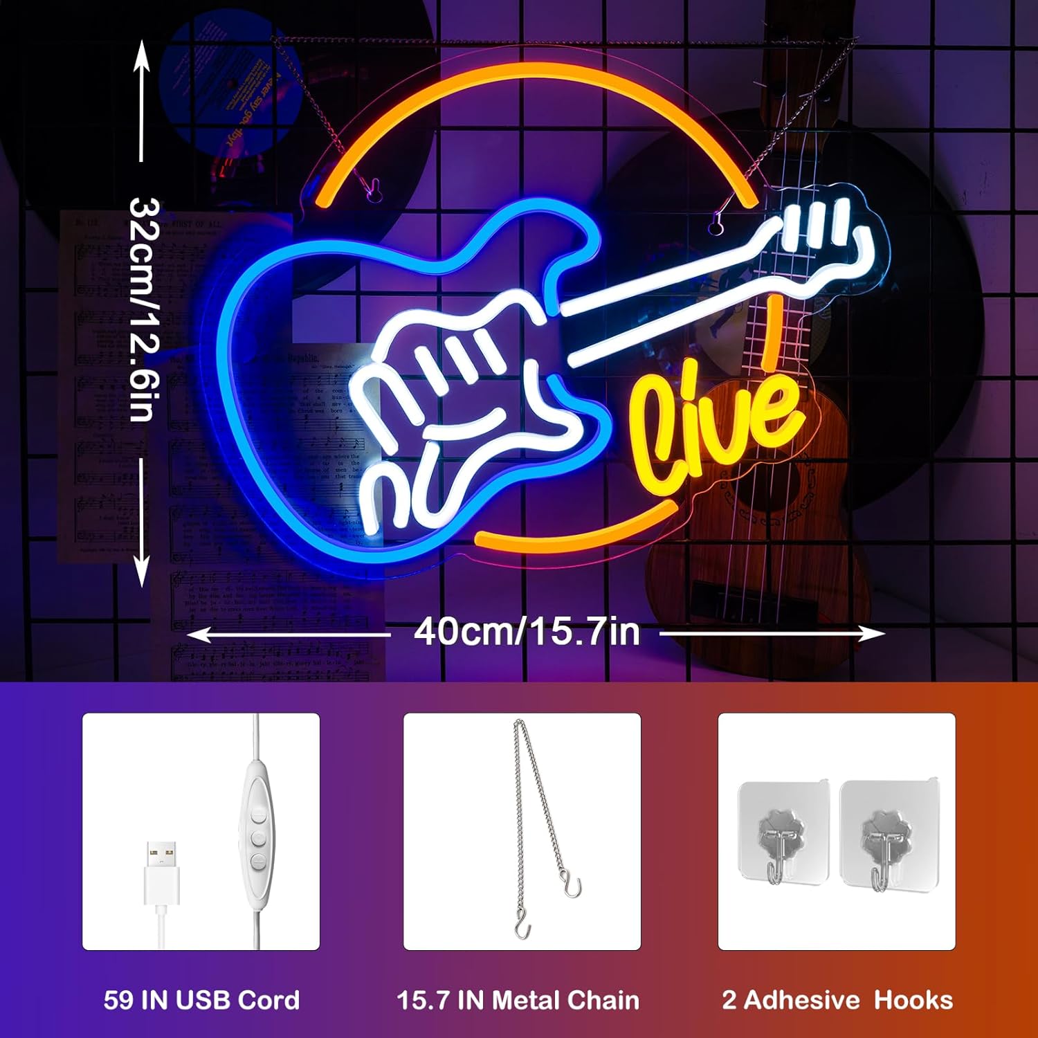 Wanxing Live Music Neon Signs Guitar Shape LED Signs Game Art LED Neon Signs for Wall Decor Studio Neon Light Signs USB Powered Switch Lights Up Sign for Party Lover Girl Boy(Colorful Guitar Live) - Image 4