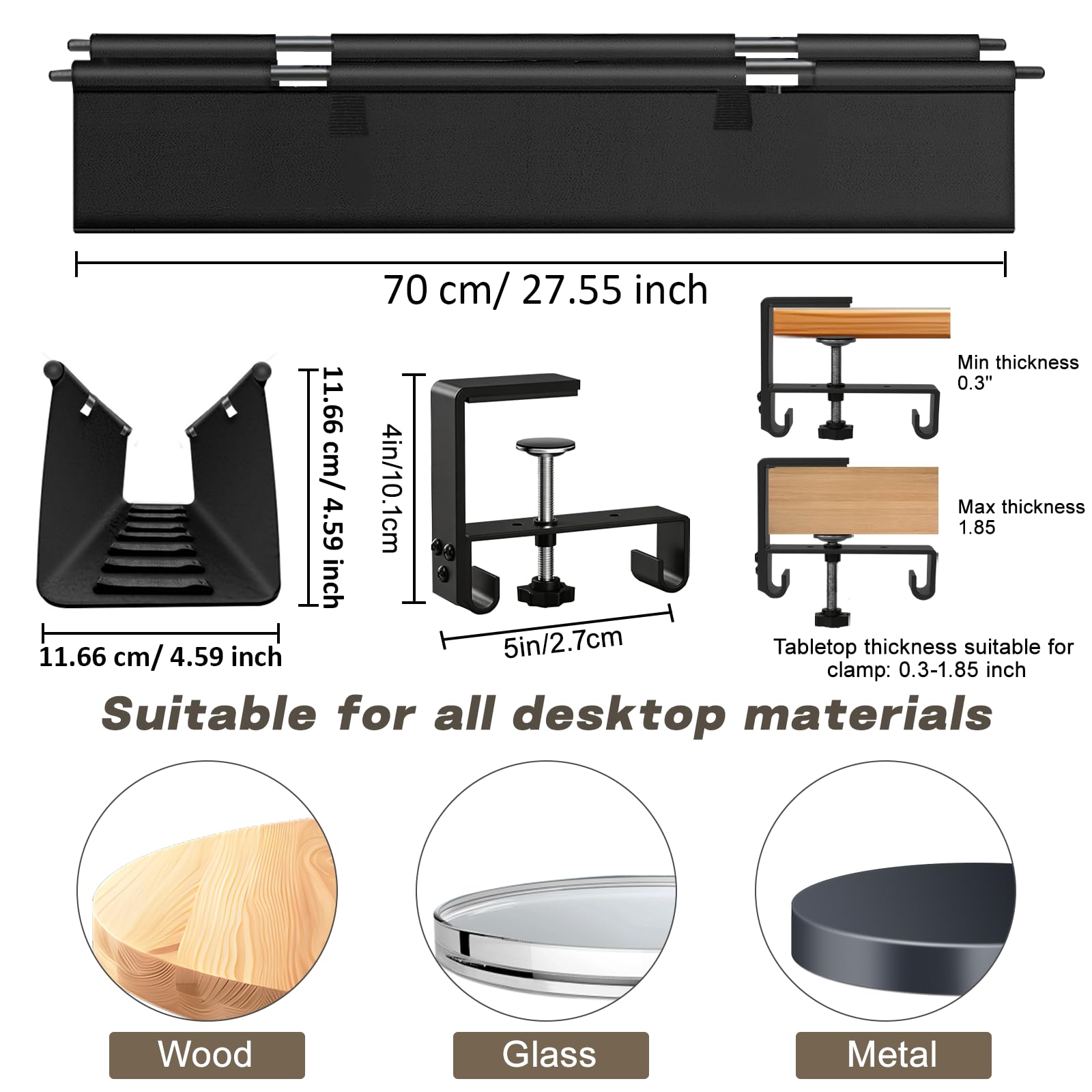 Cable Duct 70cm Raccogli Cavi Scrivania,Portacavi Sotto Scrivania,Cable Management Senza Perforazione, in tessuto Oxford, supporto per cavi per ciabatta e alimentatori, cavi, ufficio, casa, ufficio